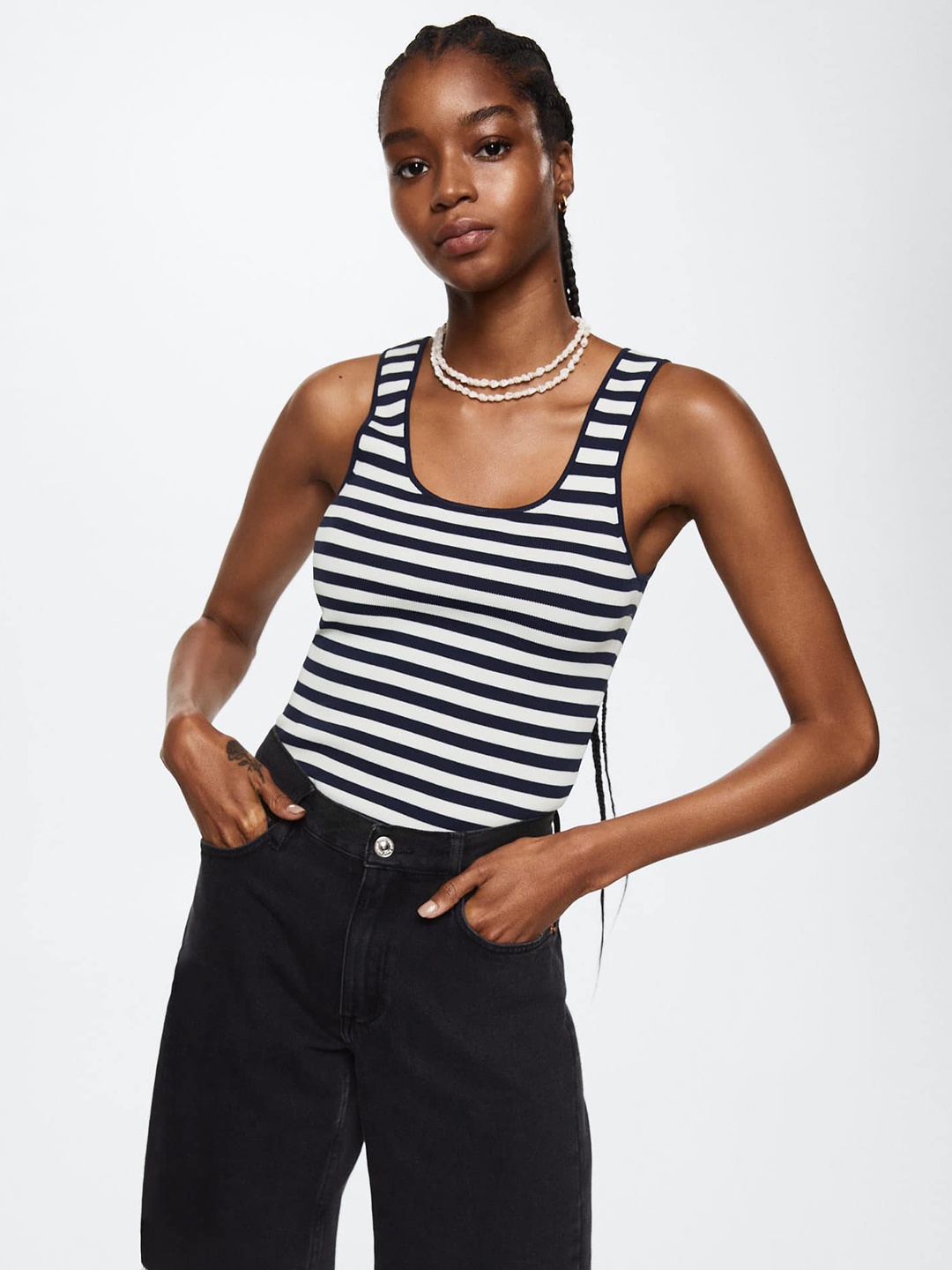 

MANGO White & Navy Blue Striped Top