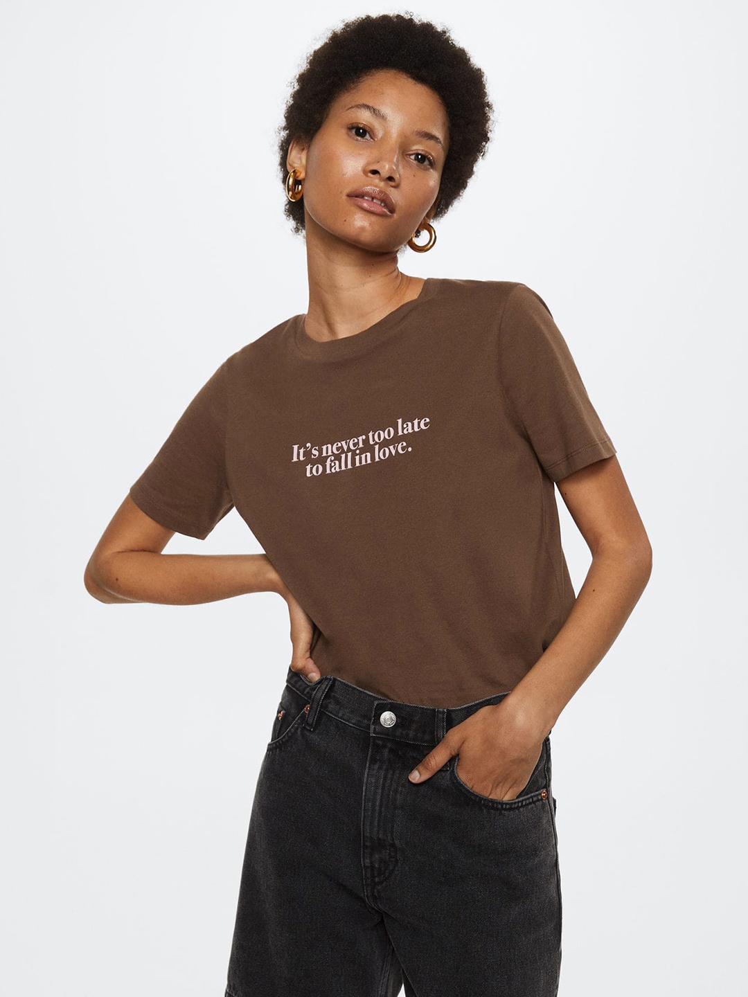 

MANGO Women Brown & White Printed Pure Cotton T-shirt