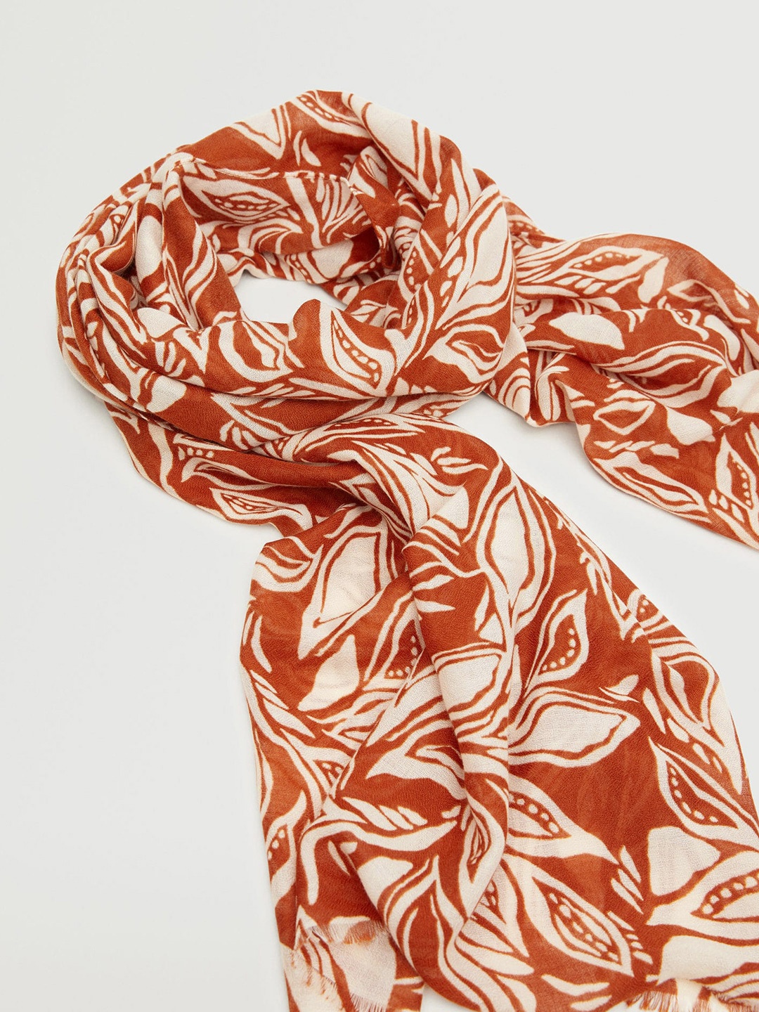 

MANGO Women Floral Printed Stole with Frayed Border, Rust