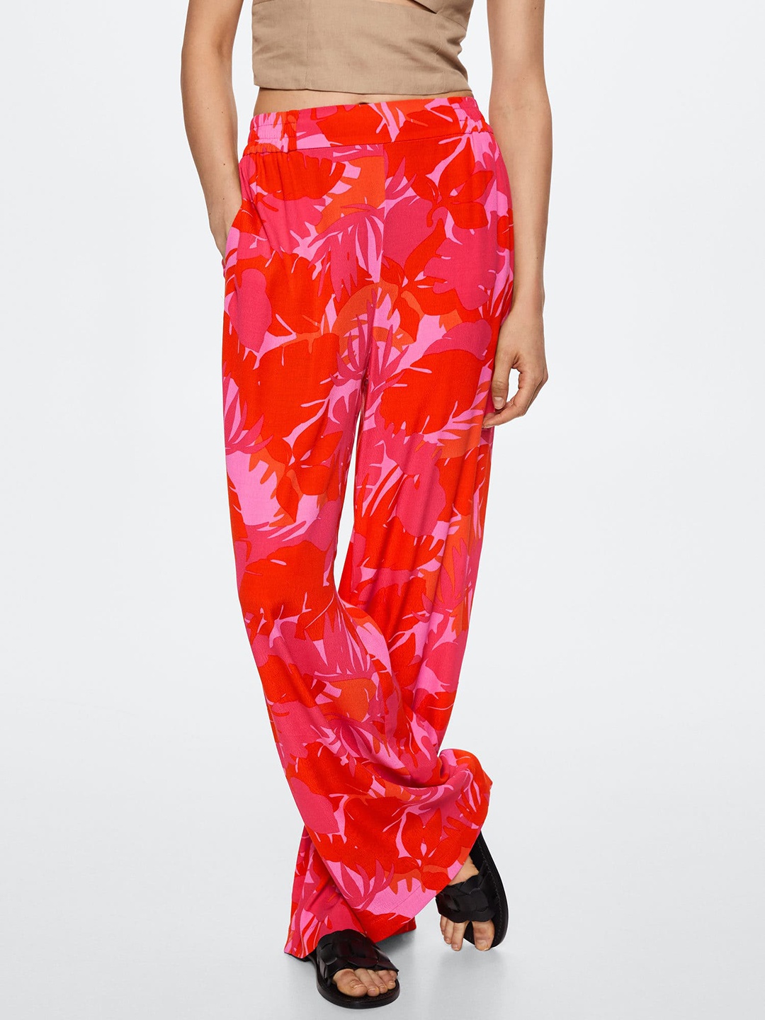 

MANGO Women Pink & Orange Floral Printed Pleated Trousers