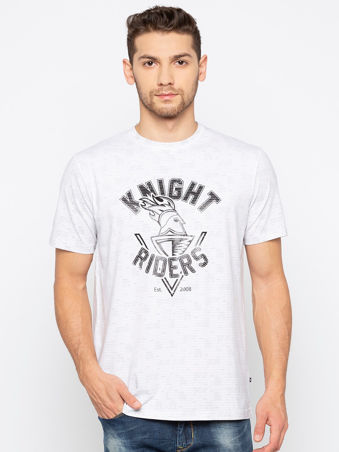 

Status Quo Men White Typography Printed Applique Slim Fit T-shirt