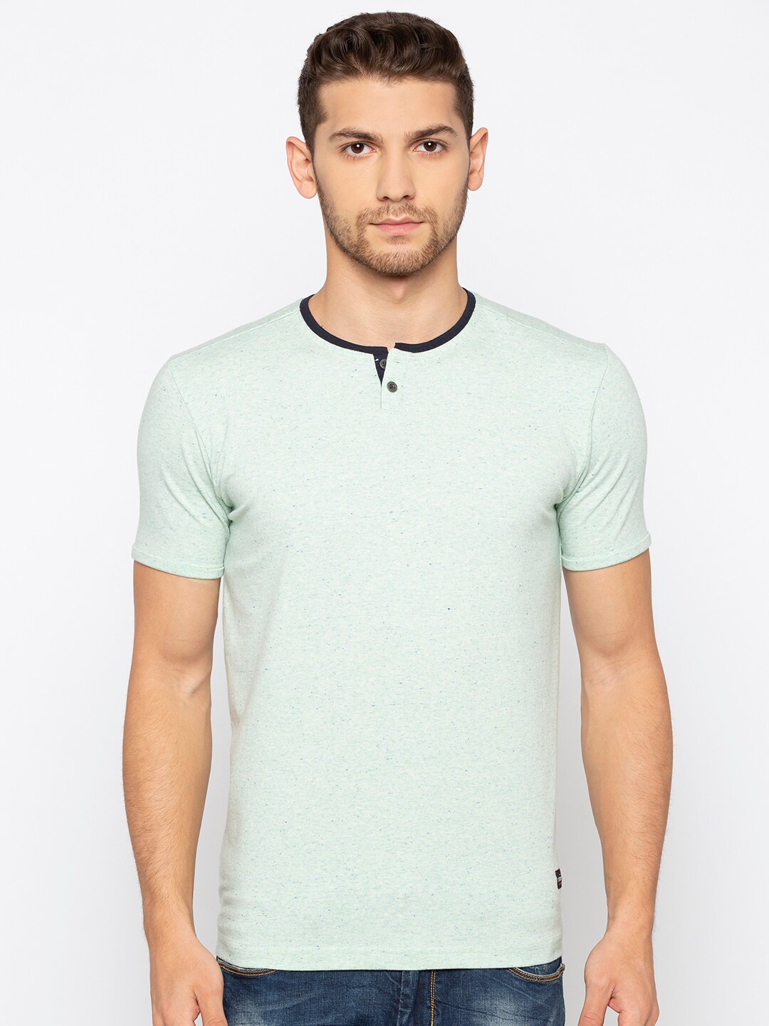 

Status Quo Men Green Henley Neck Applique Slim Fit T-shirt