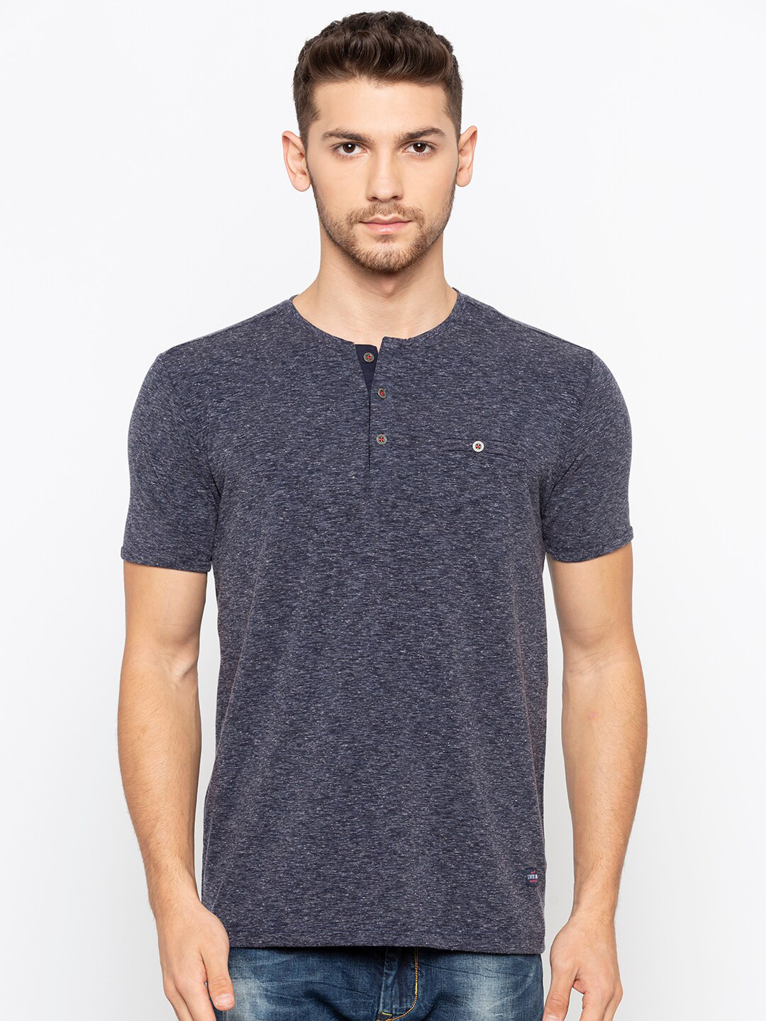 

Status Quo Men Navy Blue Henley Neck Slim Fit T-shirt