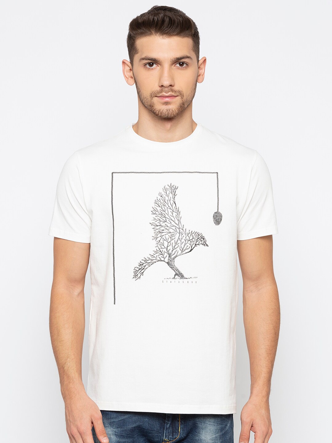 

Status Quo Men White Printed Applique Slim Fit T-shirt