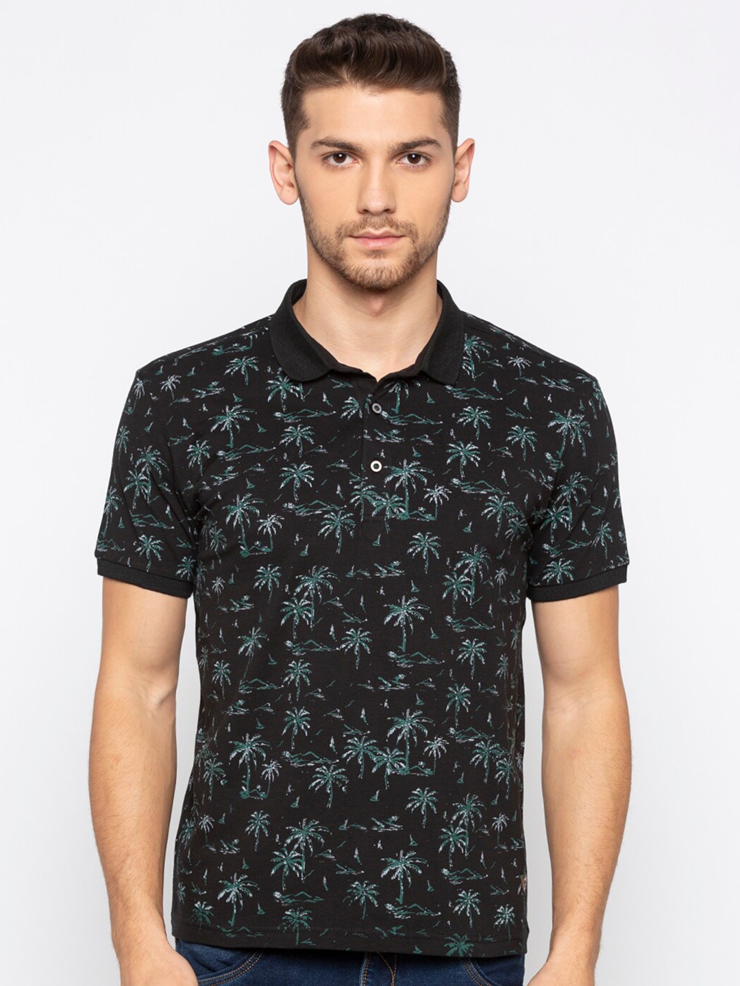

Status Quo Men Black & brown Printed Polo Collar Raw Edge Slim Fit T-shirt