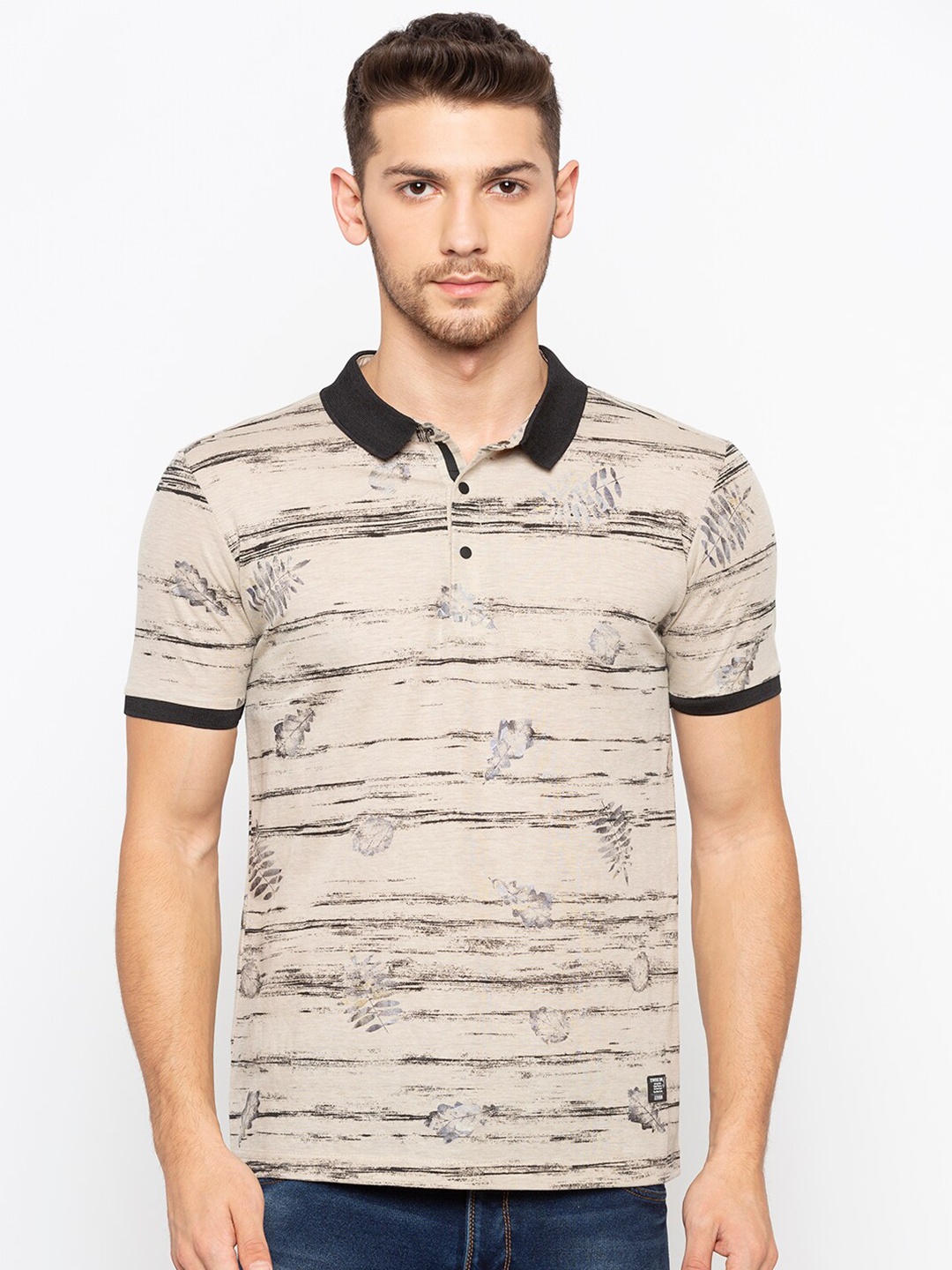 

Status Quo Men Beige Striped Polo Collar Tropical Slim Fit T-shirt