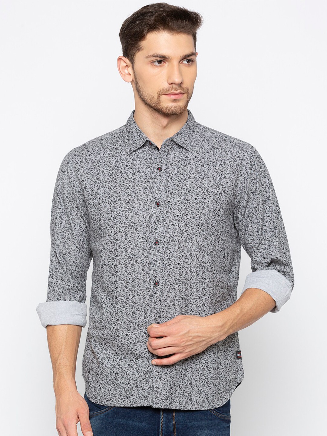 

Status Quo Men Grey Slim Fit Floral Printed Casual Shirt