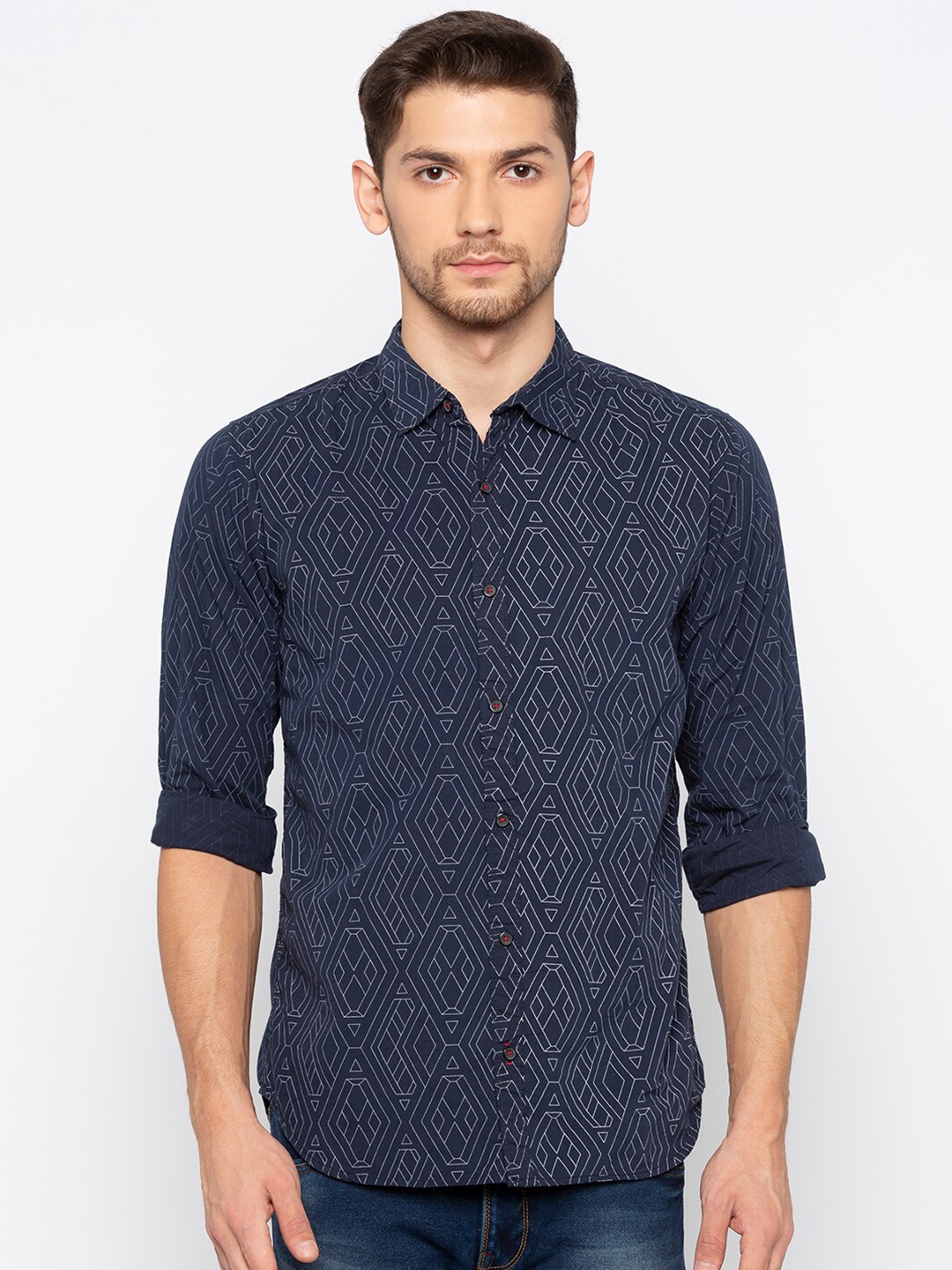 

Status Quo Men Navy Blue Slim Fit Printed Casual Shirt