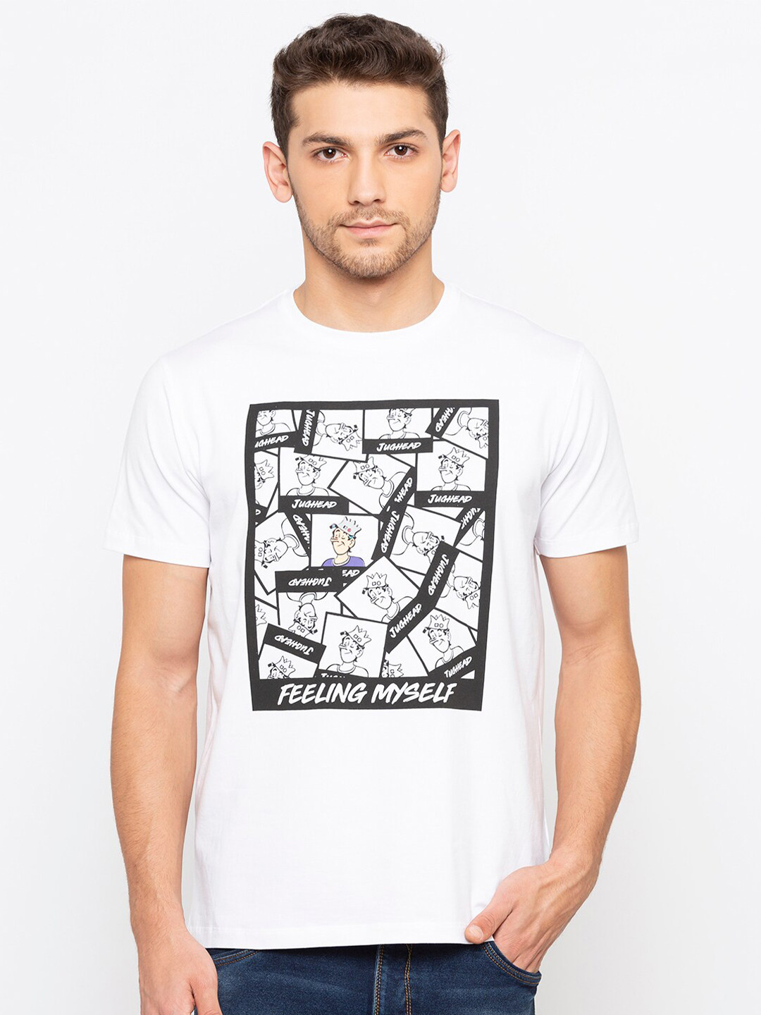 

Status Quo Men White Printed Applique Slim Fit T-shirt