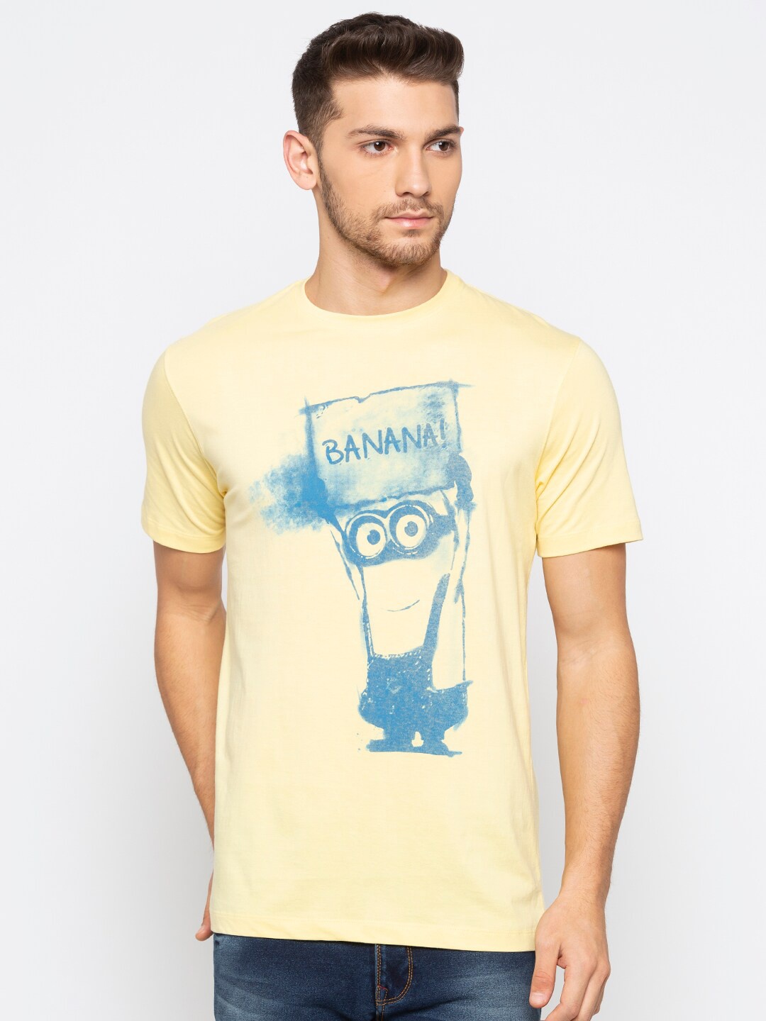 

Status Quo Men Yellow Printed Raw Edge Slim Fit T-shirt