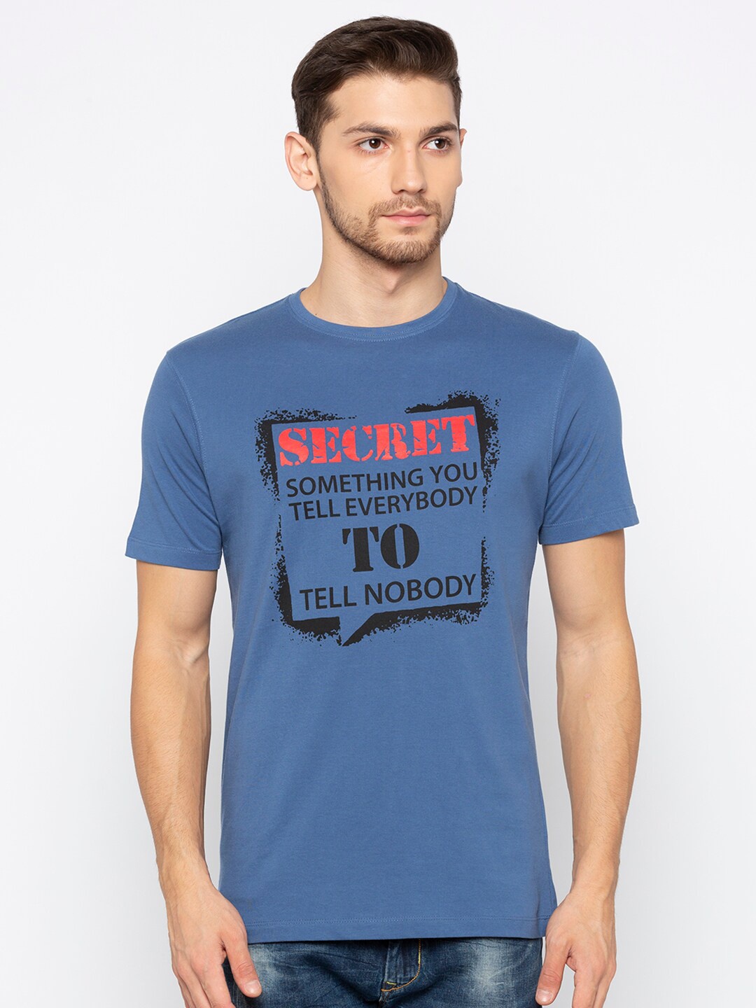 

Status Quo Men Blue & desert mist Typography Printed Slim Fit T-shirt