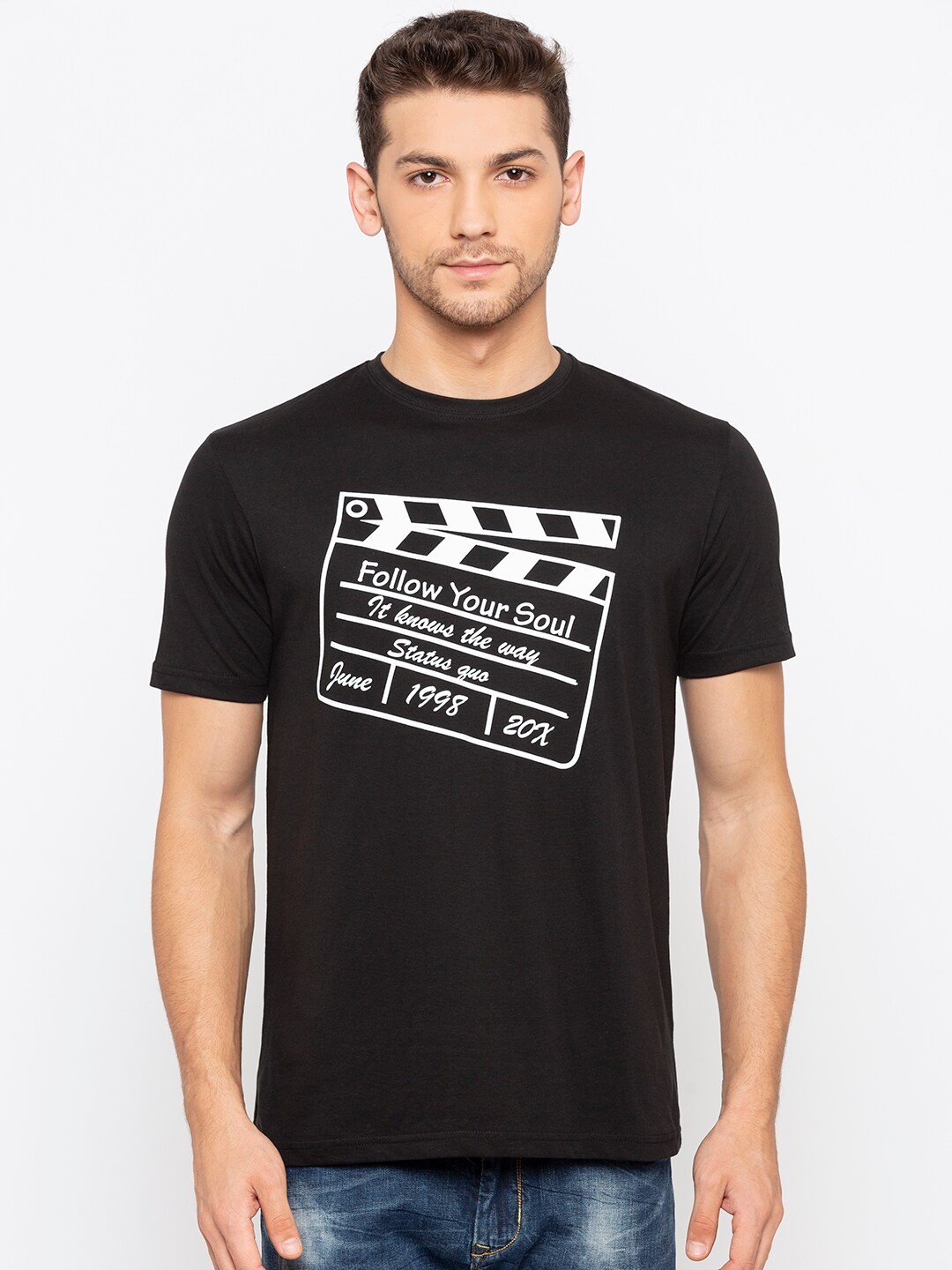 

Status Quo Men Black & brown Typography Printed Applique Slim Fit T-shirt