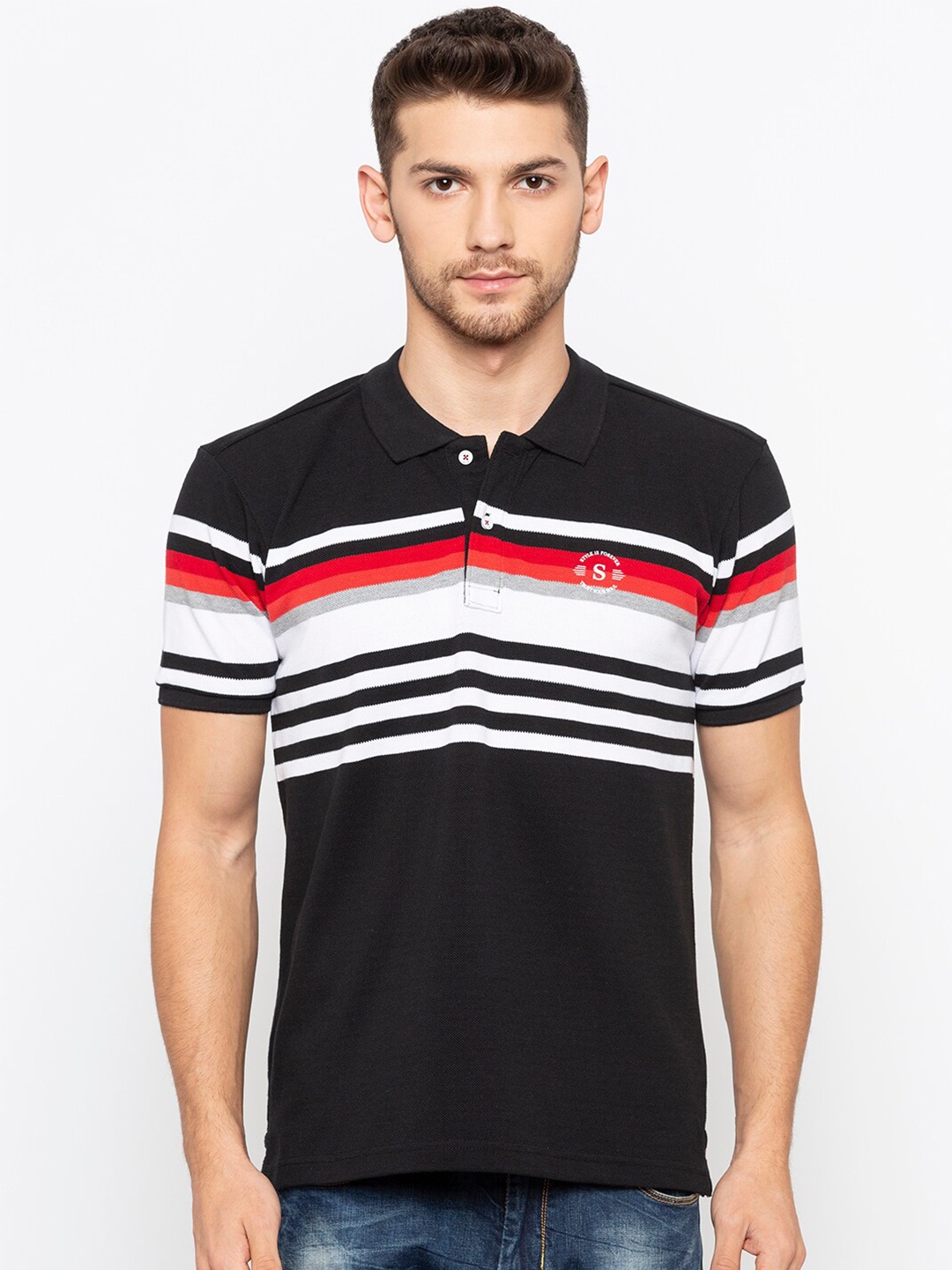 

Status Quo Men Black Striped Polo Collar Slim Fit T-shirt