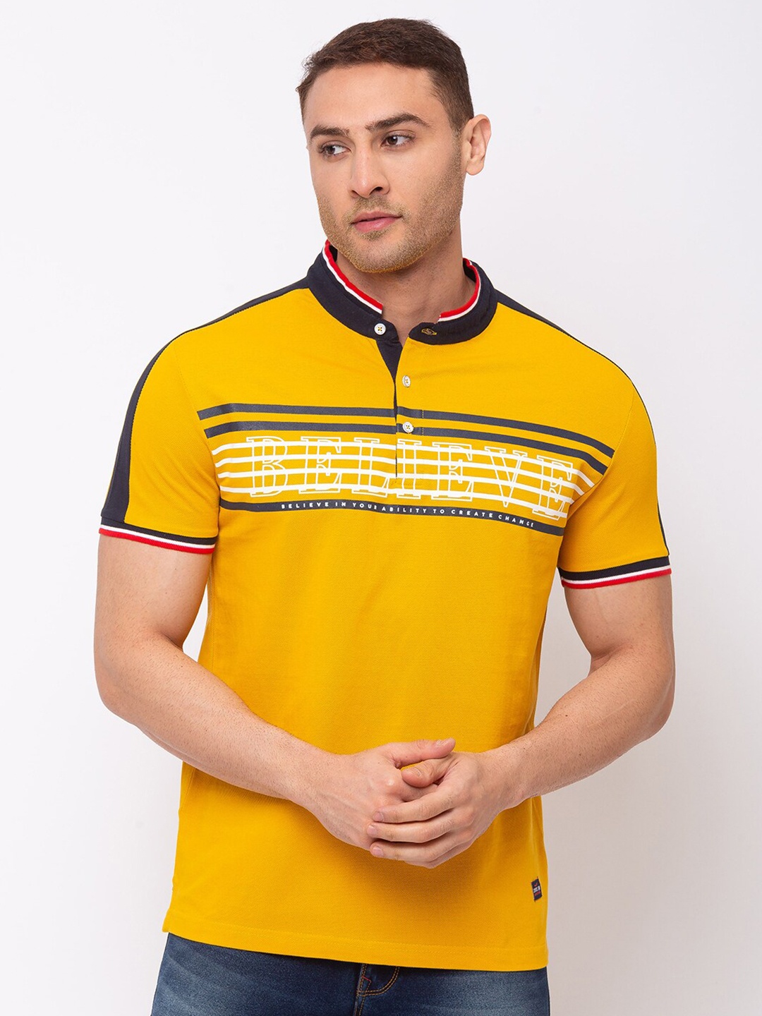 

Status Quo Men Yellow & spanish yellow Typography Printed Polo Collar Applique Slim Fit T-shirt