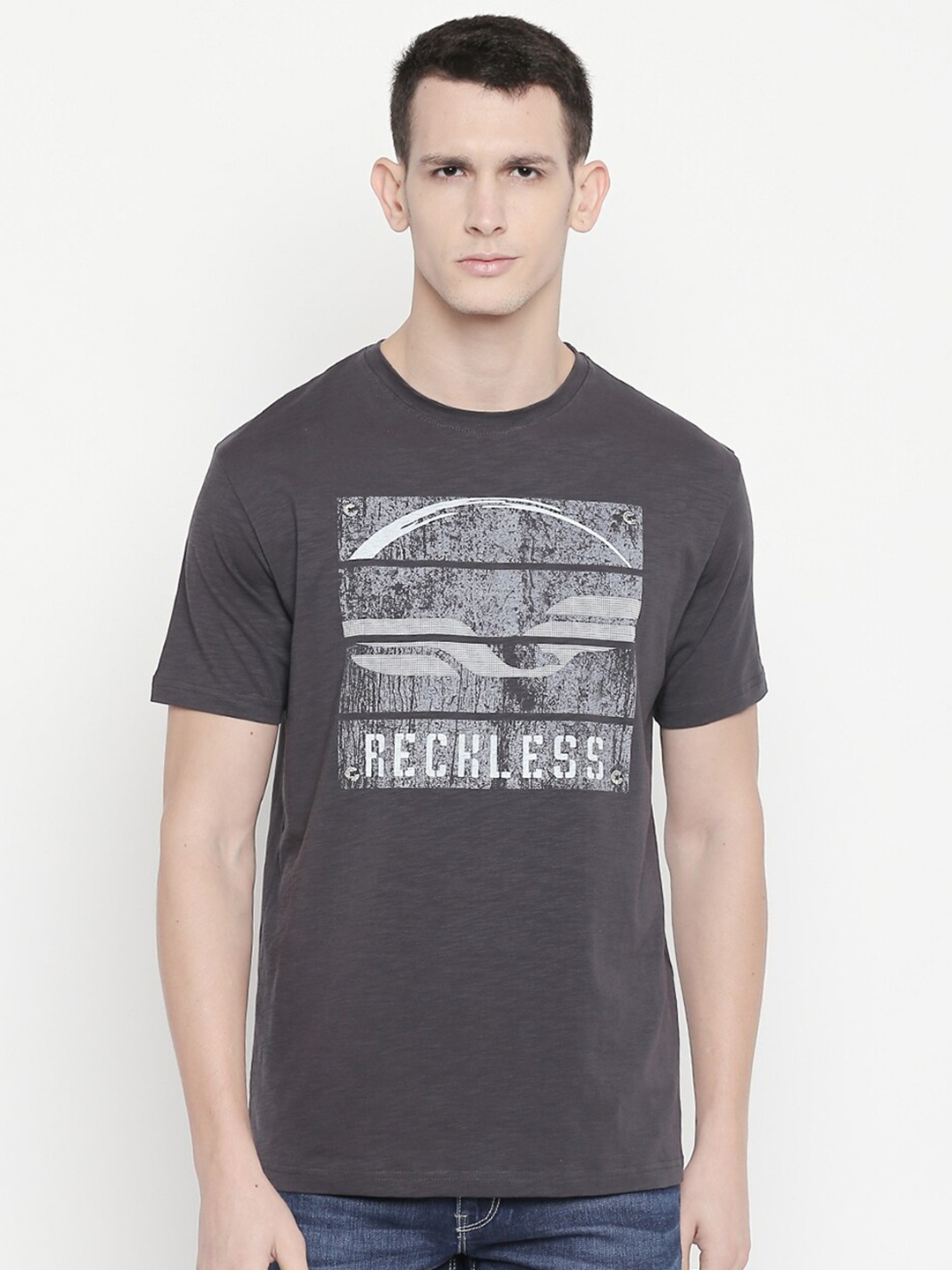 

Status Quo Men Black Printed Raw Edge Slim Fit T-shirt