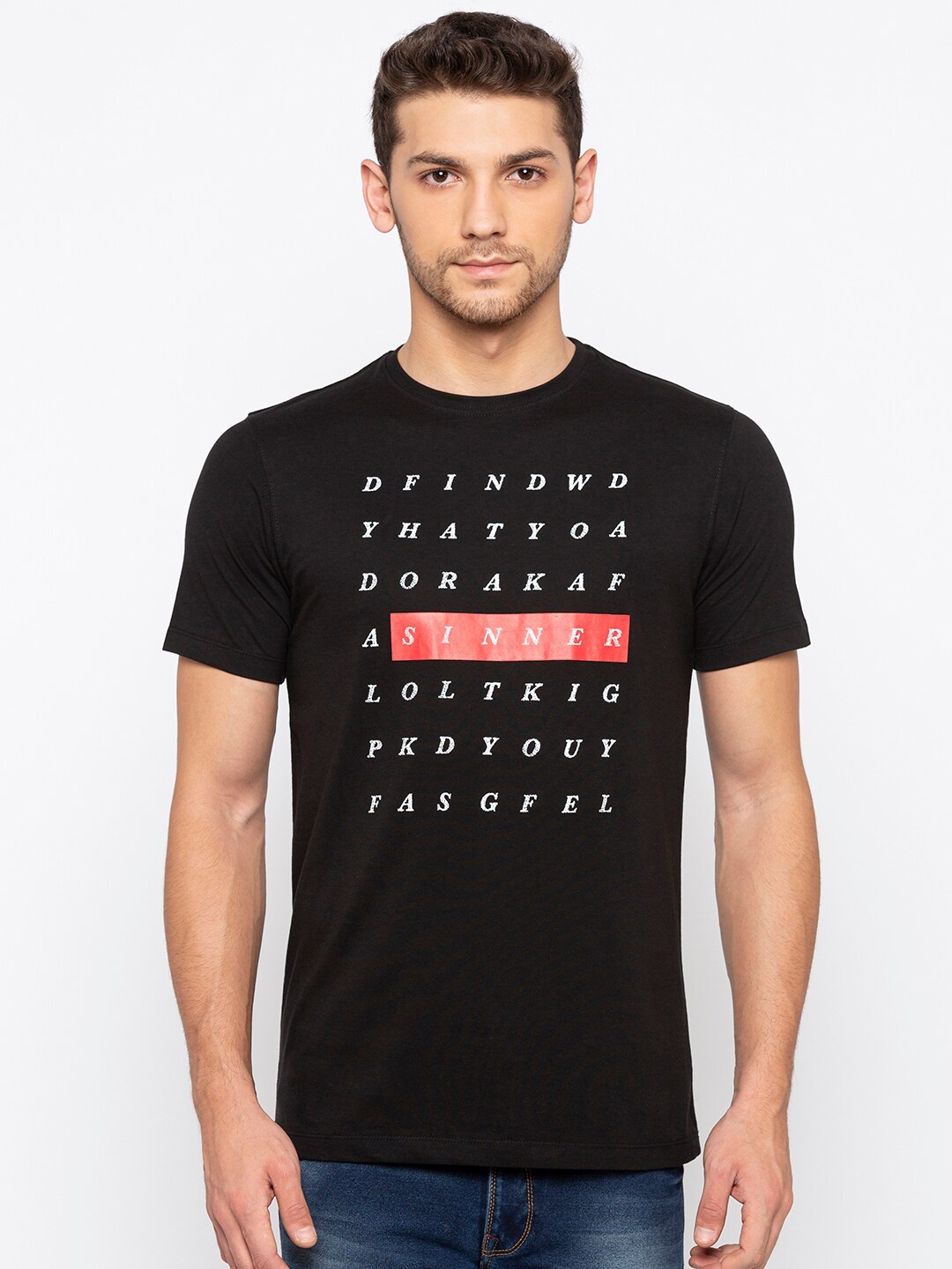 

Status Quo Men Black Typography Printed Applique Slim Fit T-shirt