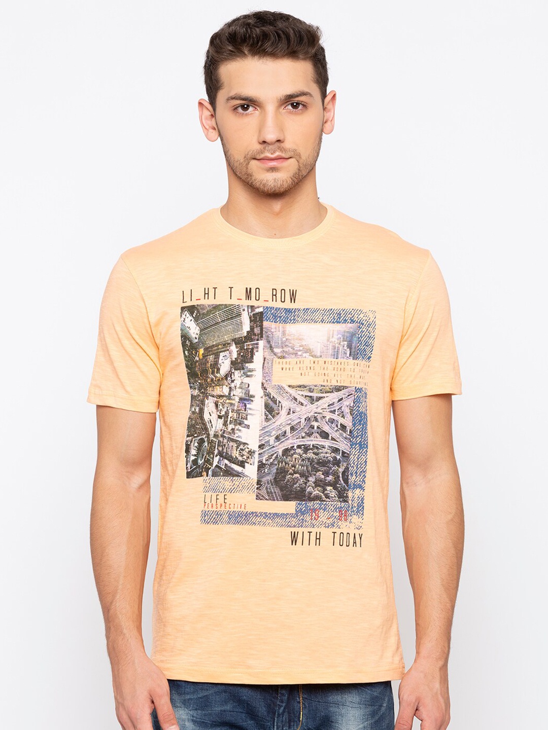 

Status Quo Men Yellow Printed Raw Edge Slim Fit T-shirt