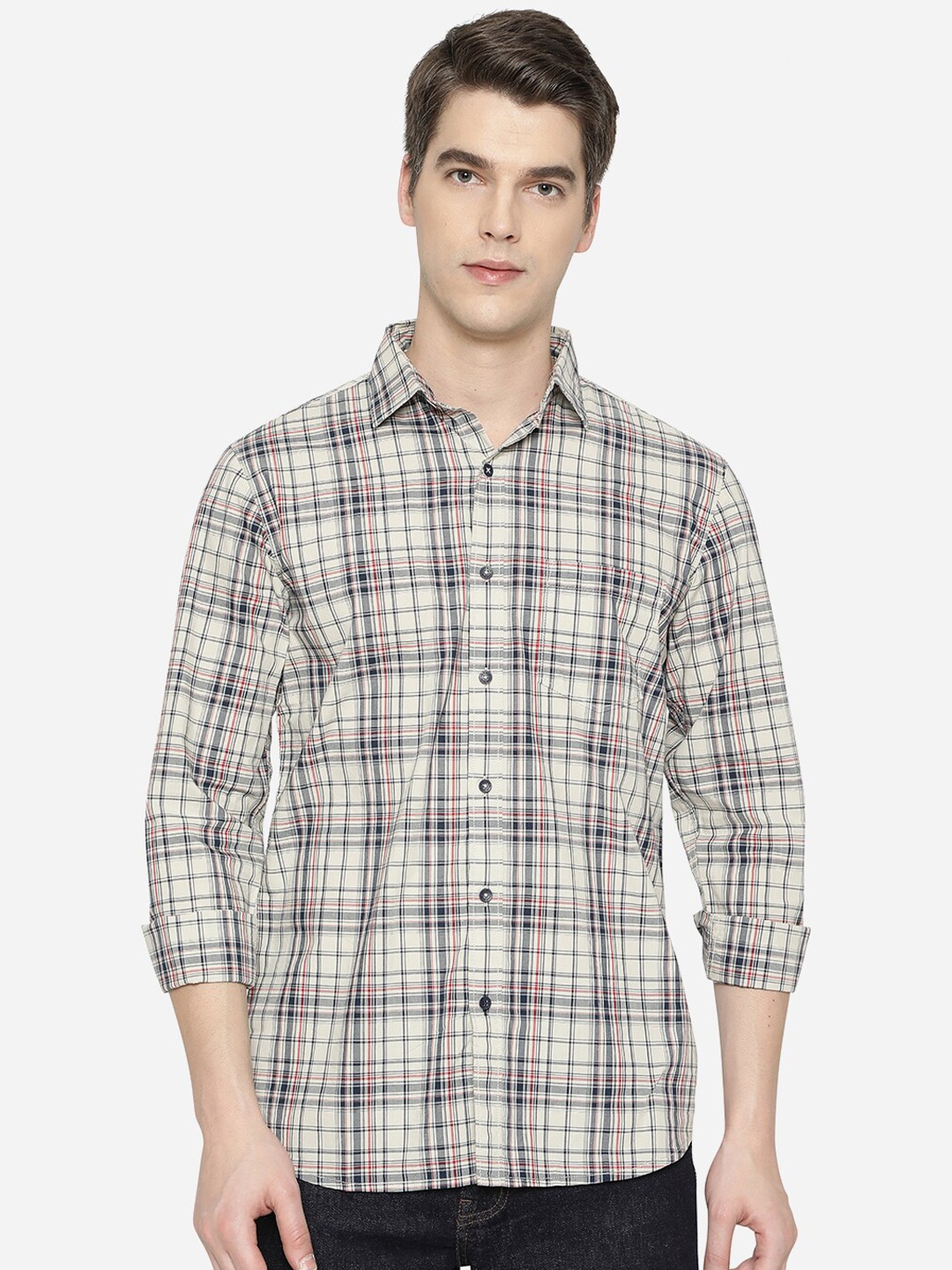 

JADE BLUE Men Grey Slim Fit Tartan Checks Checked Casual Shirt