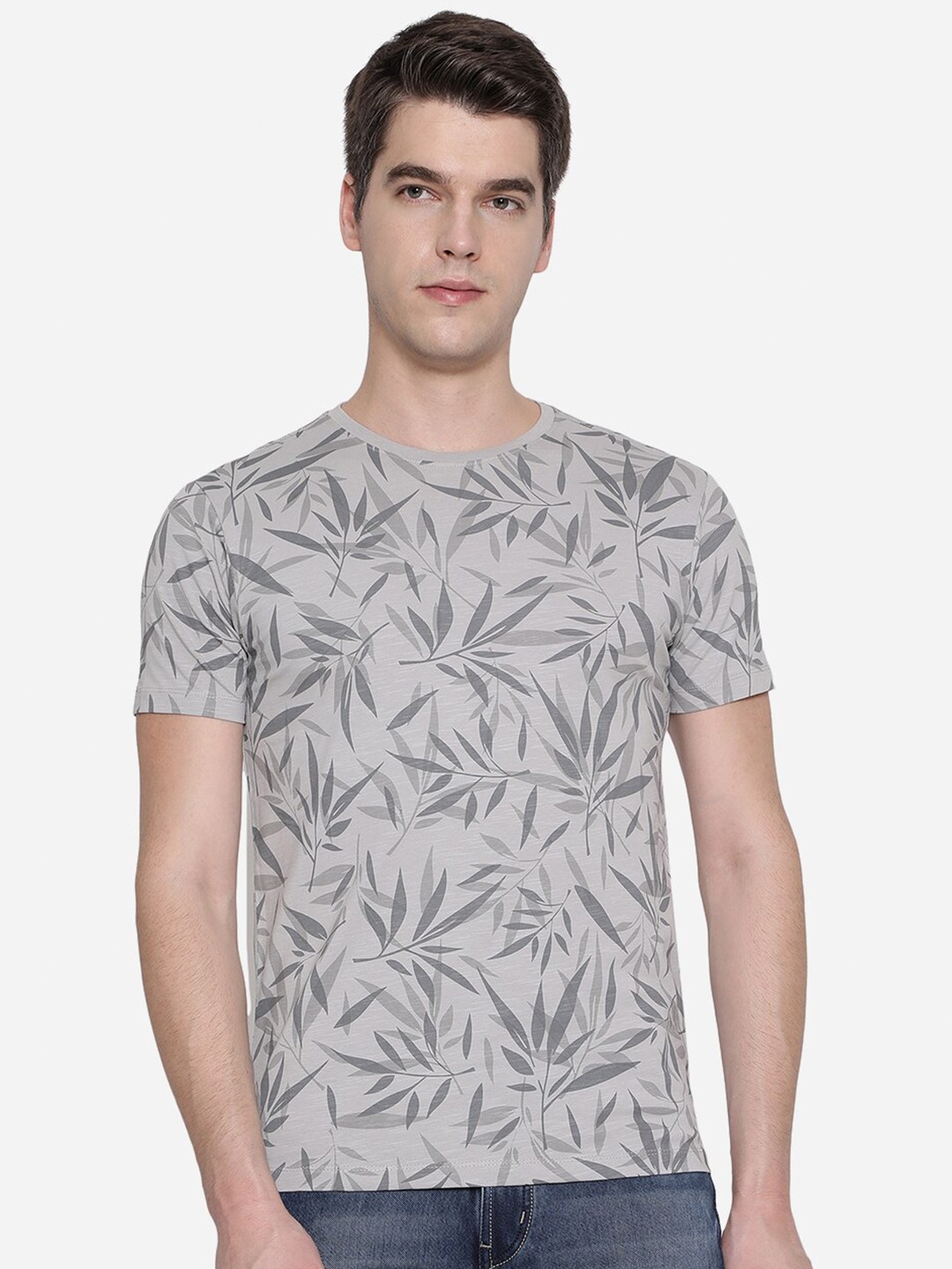 

JADE BLUE Men Grey & lunar rock Floral Printed Tropical Slim Fit T-shirt