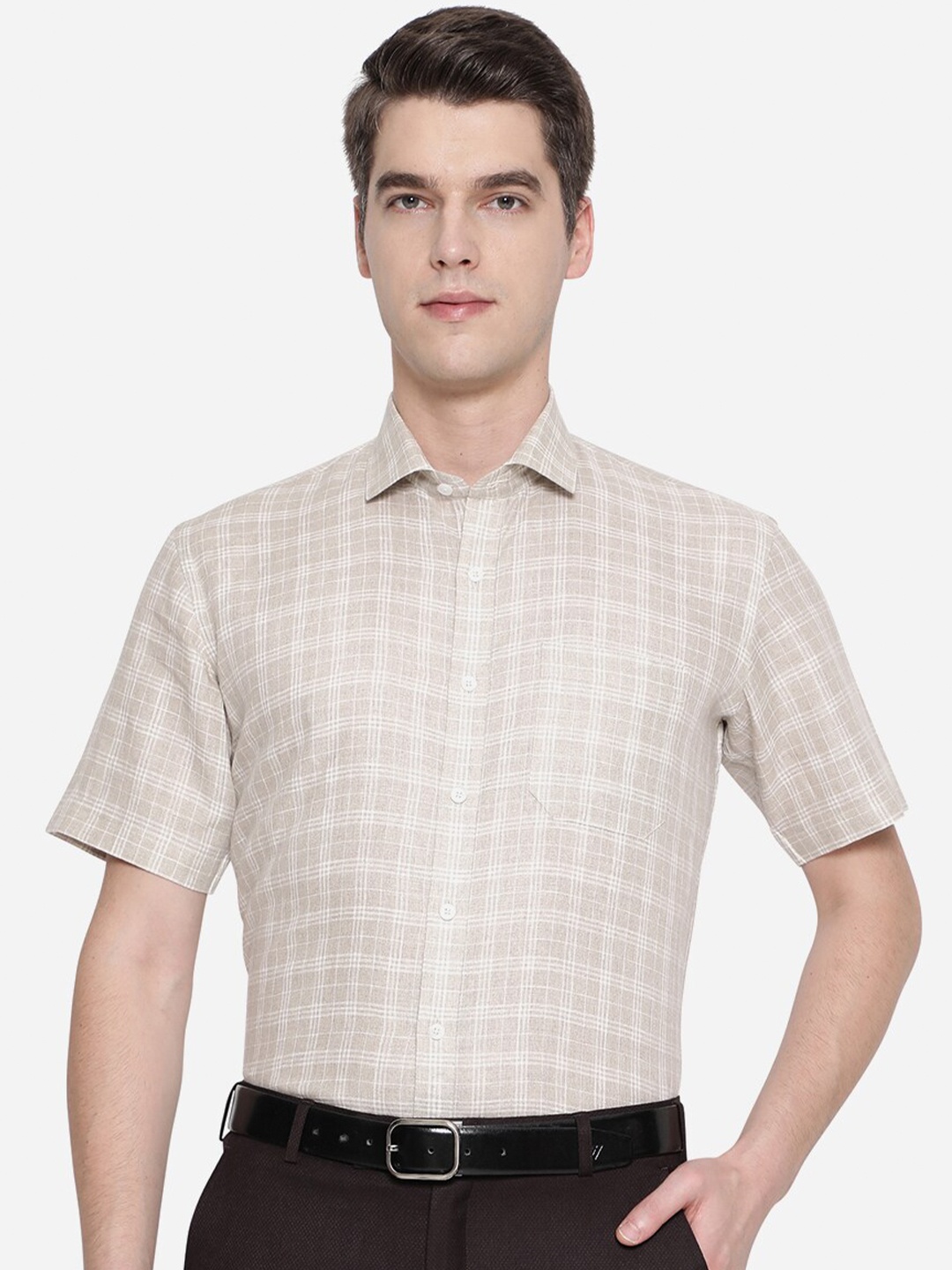 

JADE BLUE Men Beige Checked Formal Shirt