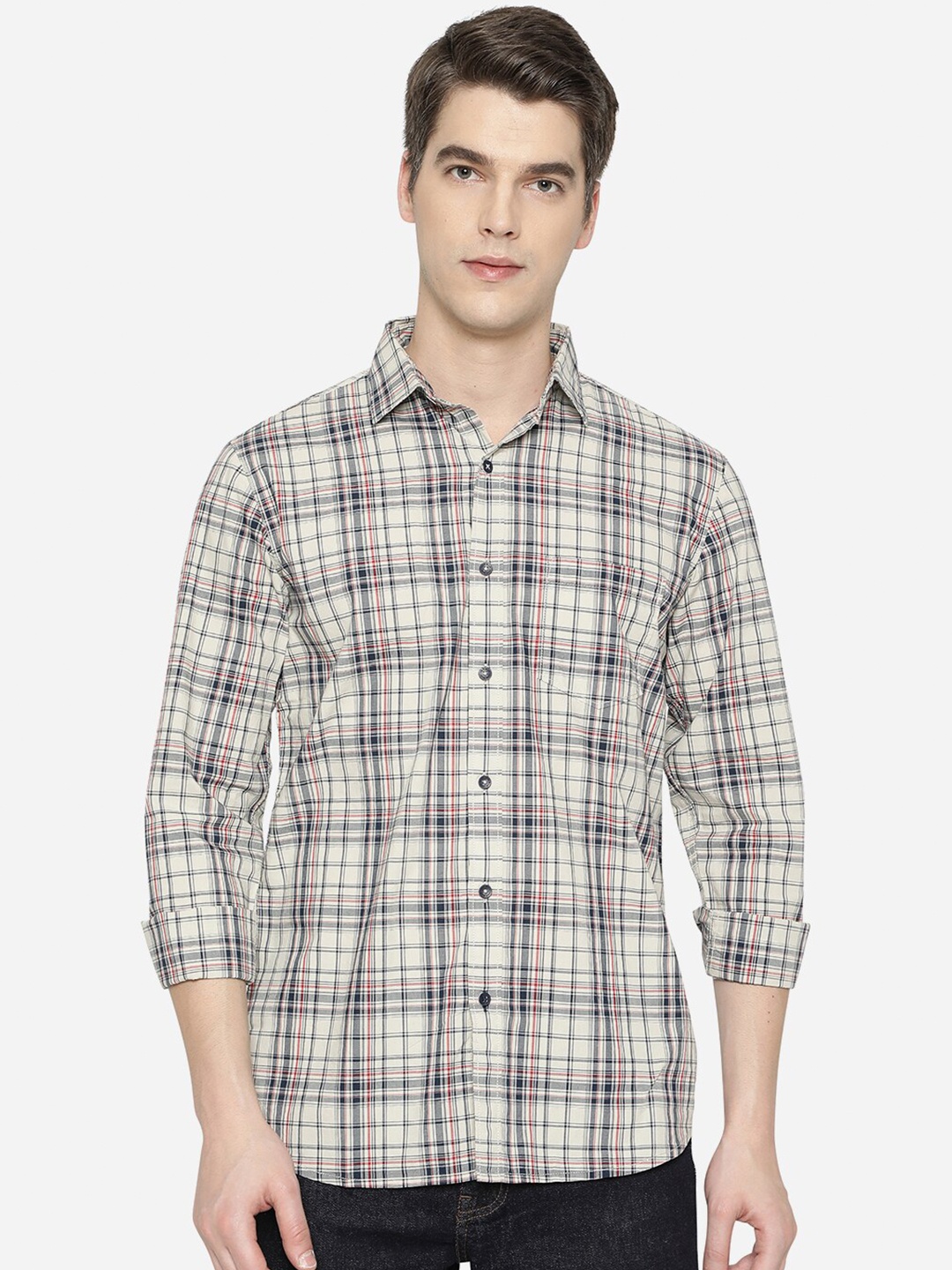 

JADE BLUE Men Grey Slim Fit Tartan Checks Checked Casual Shirt