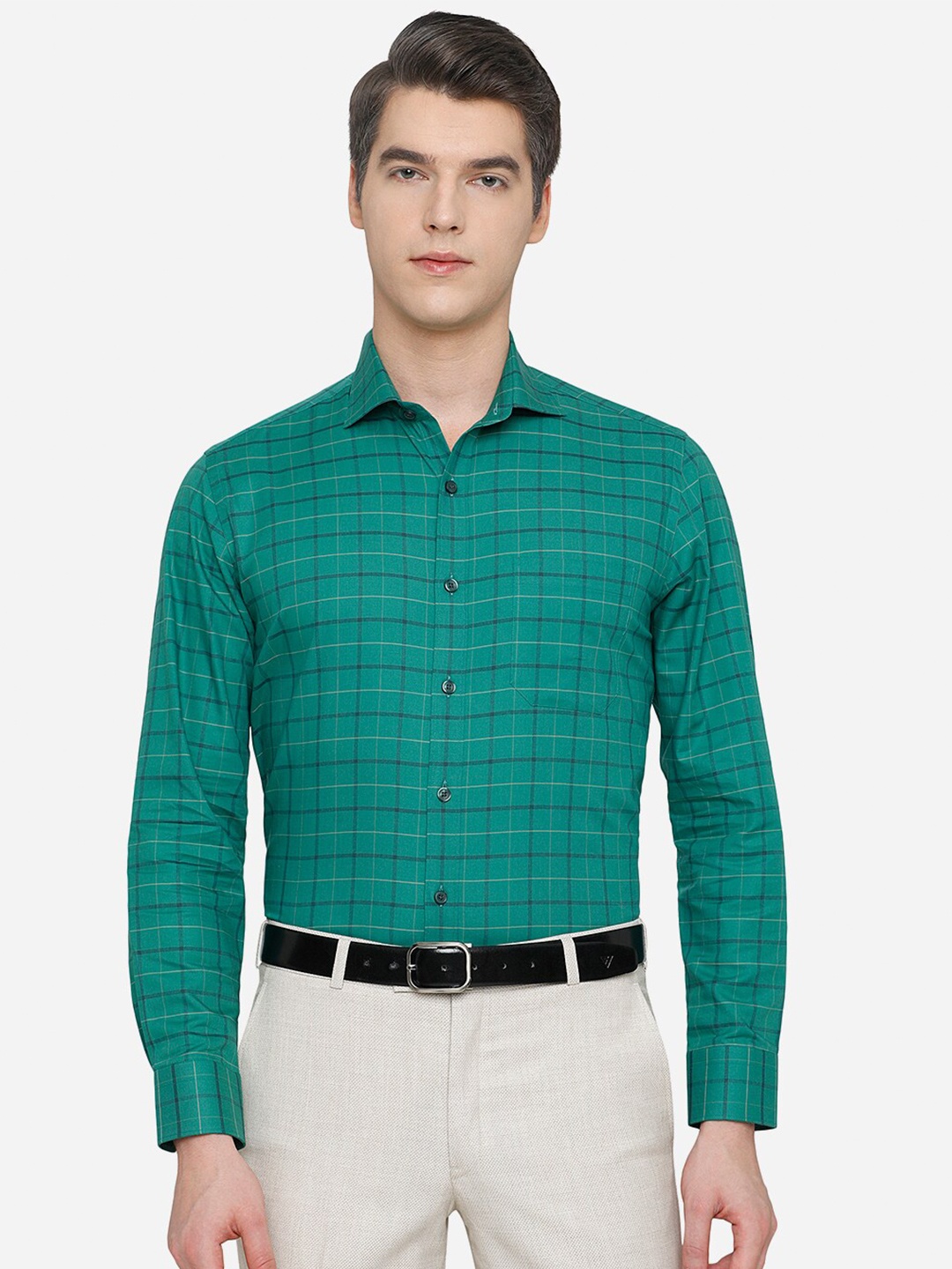

JADE BLUE Men Green Slim Fit Checked Formal Shirt