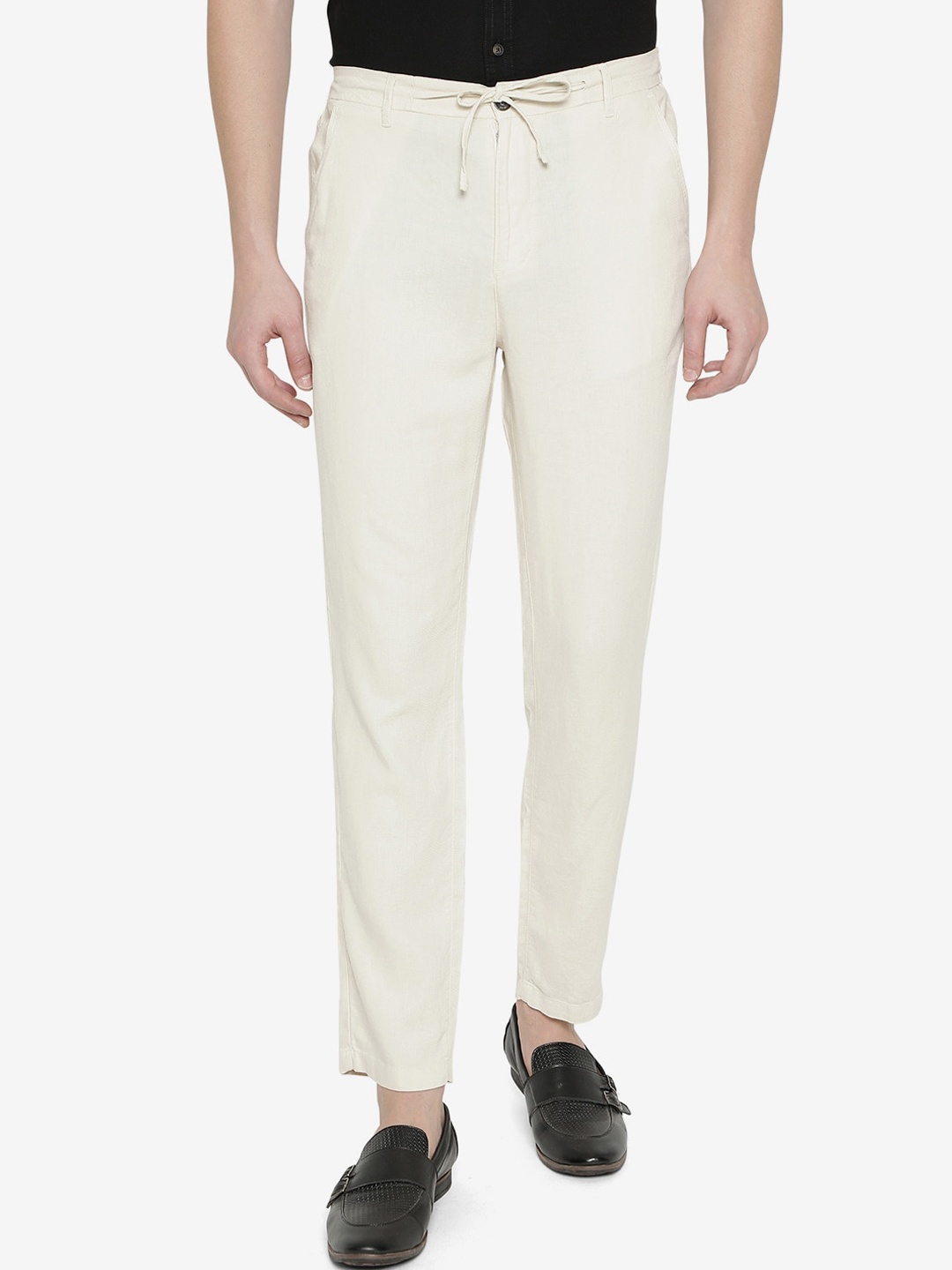 

JADE BLUE Men Cream-Coloured Easy Wash Cotton Trousers