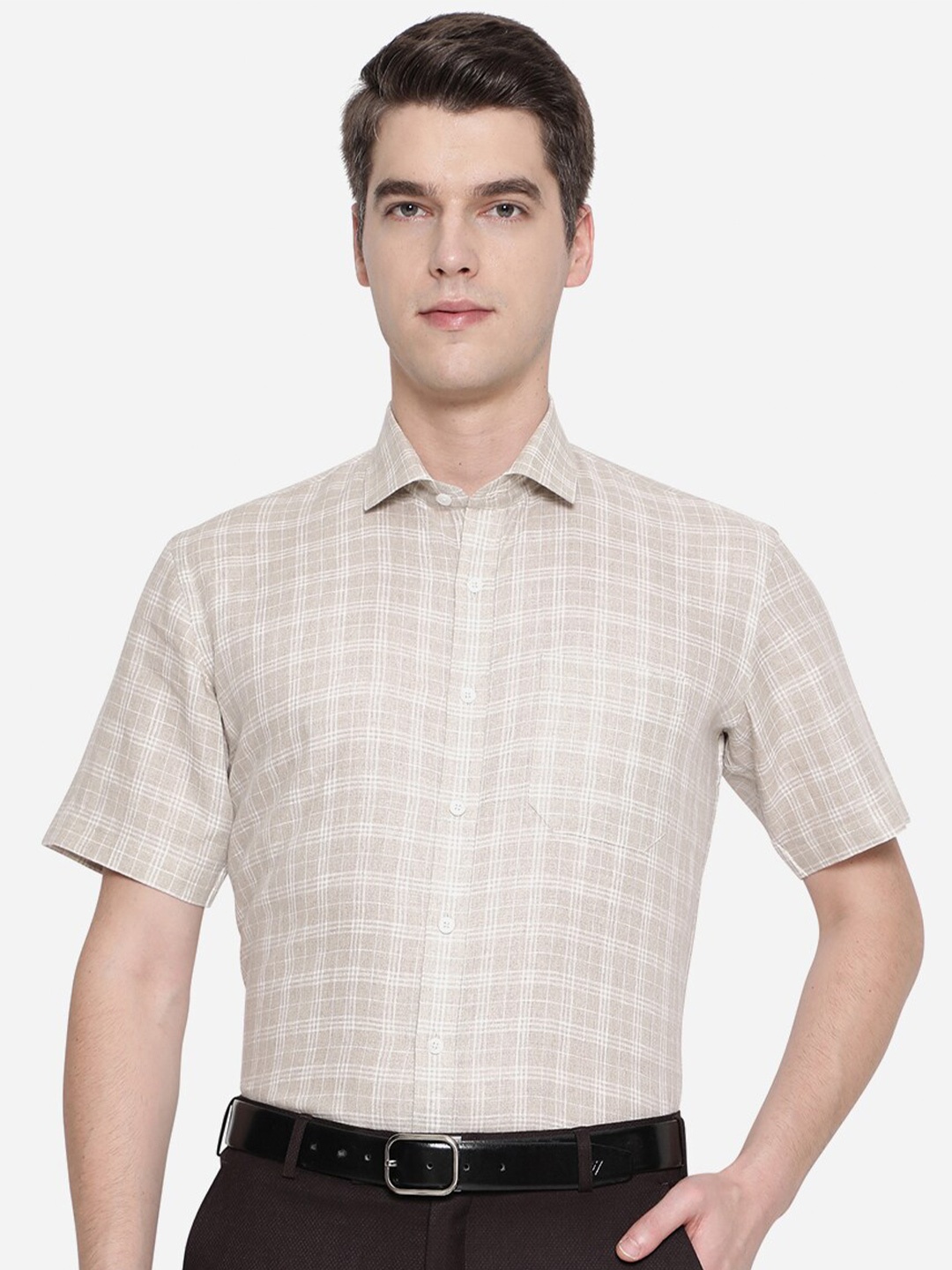 

JADE BLUE Men Beige Checked Formal Shirt