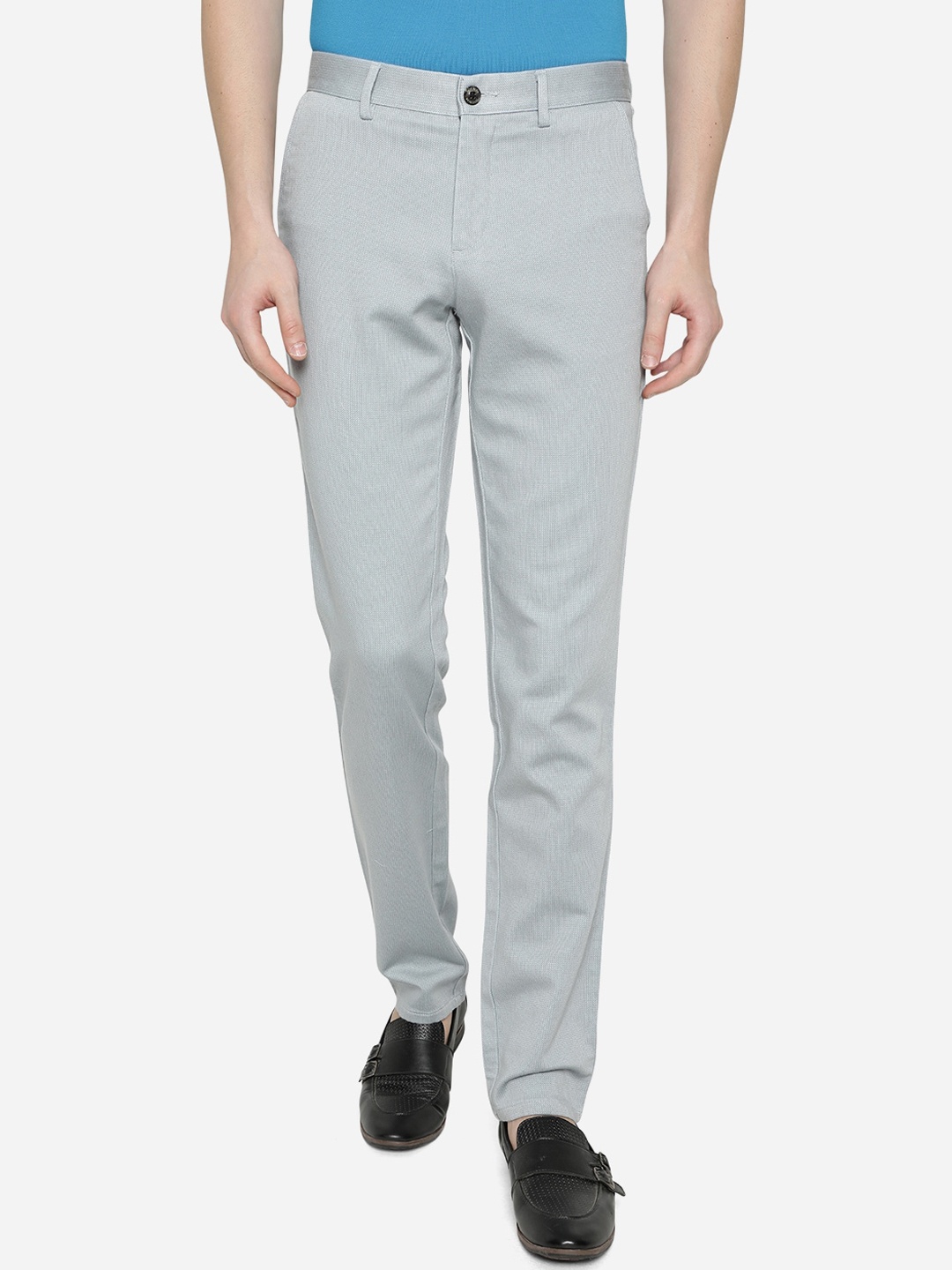 

JADE BLUE Men Grey Solid Slim Fit Pure Cotton Trousers