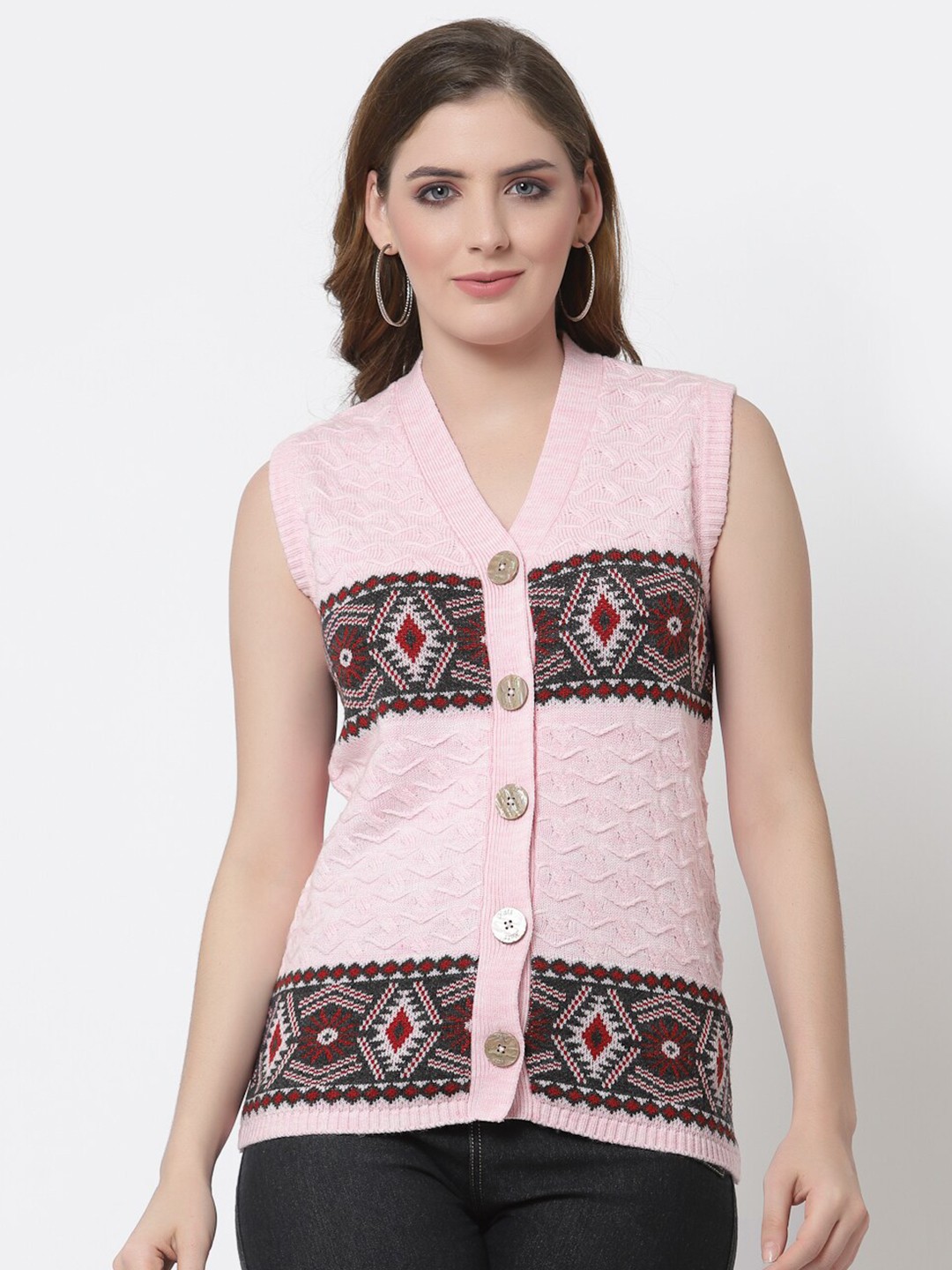 

Kalt Women Pink & Black Printed Cardigan