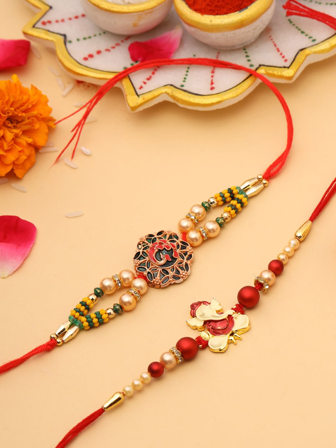 

VIRAASI Men Set of 2 Gold-Toned Red & Green-Colored Religious Rakhi