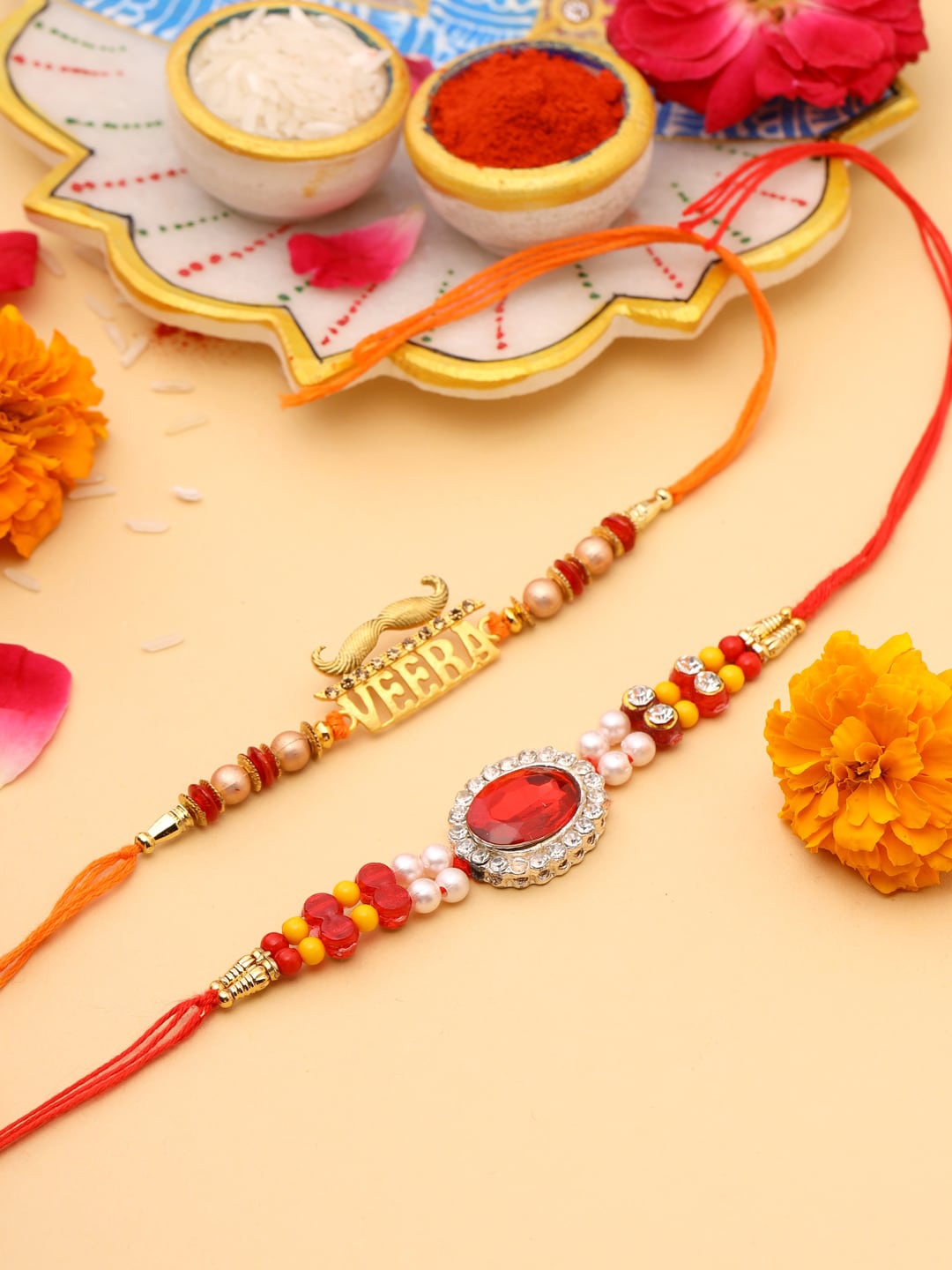 

VIRAASI Men Set of 2 Gold-Toned Red & White Stone Studded & Beaded Designer Rakhi