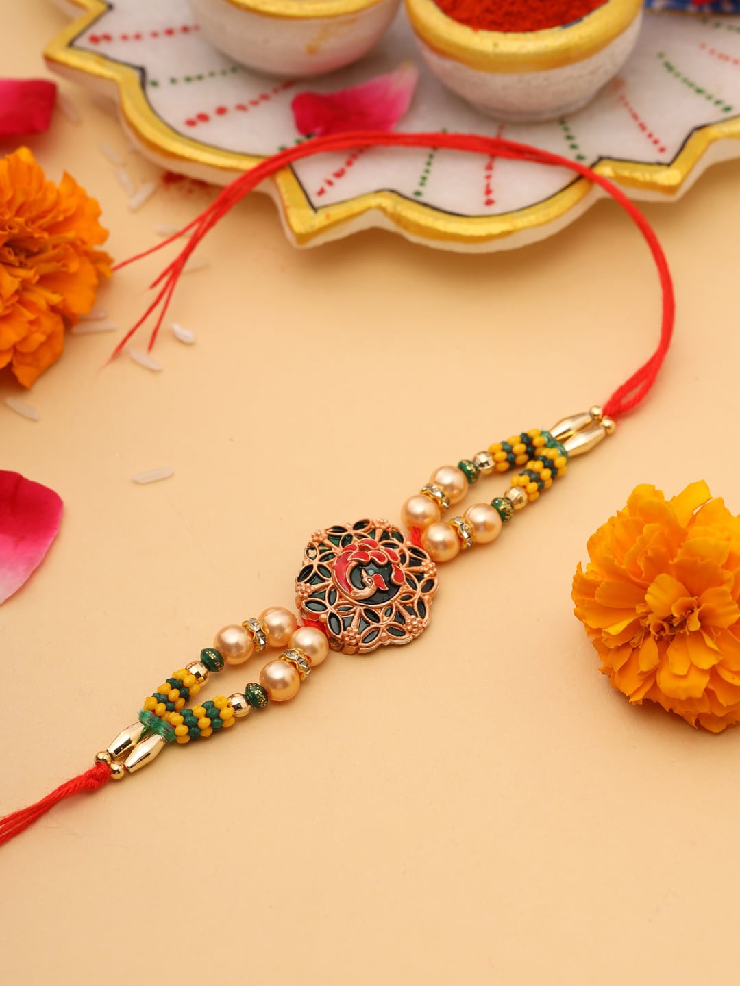 

VIRAASI Men Red & Gold-Toned Beaded Rakhi