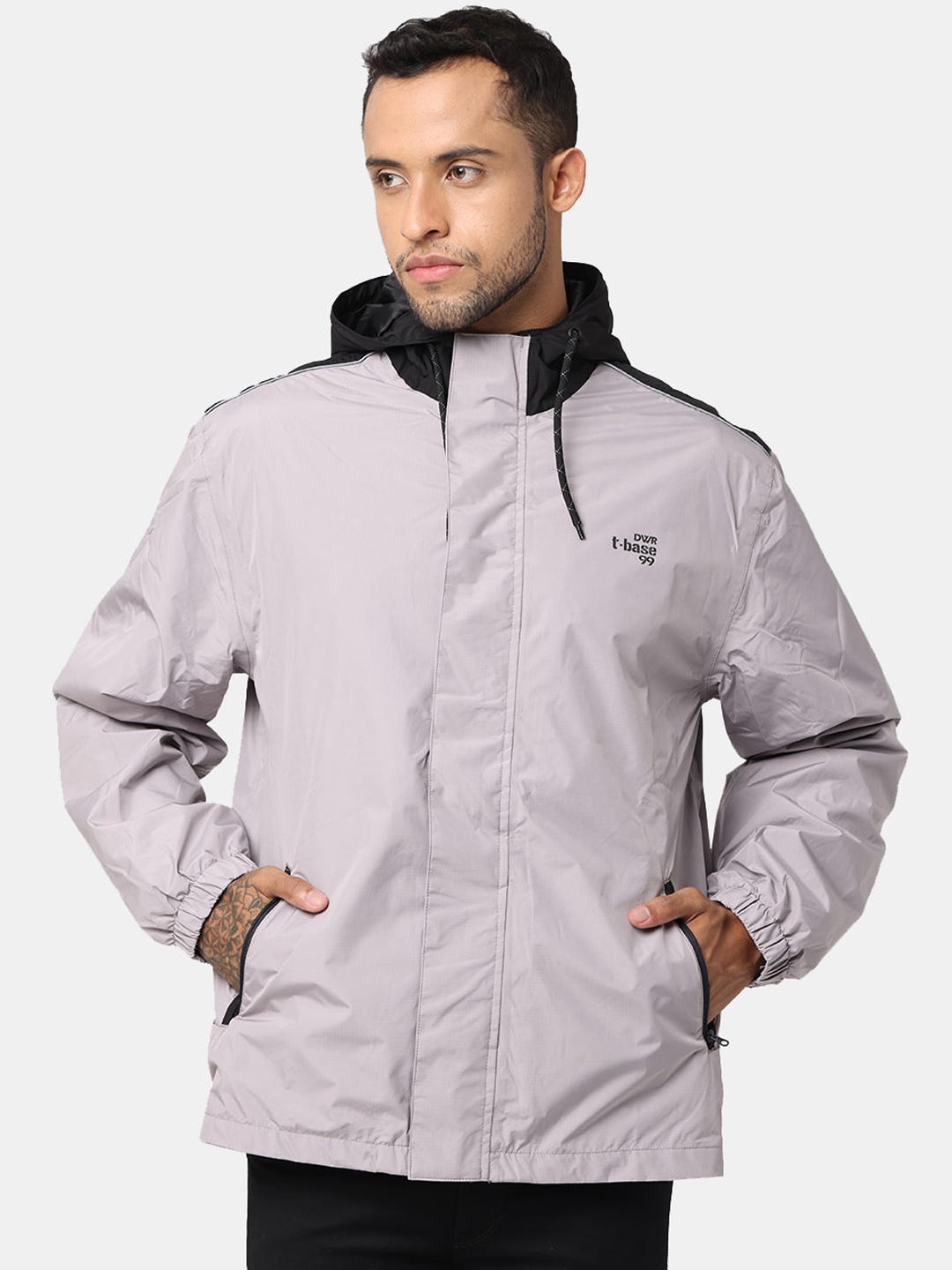 

t-base Men Beige & Black Solid Hooded Rain Jacket