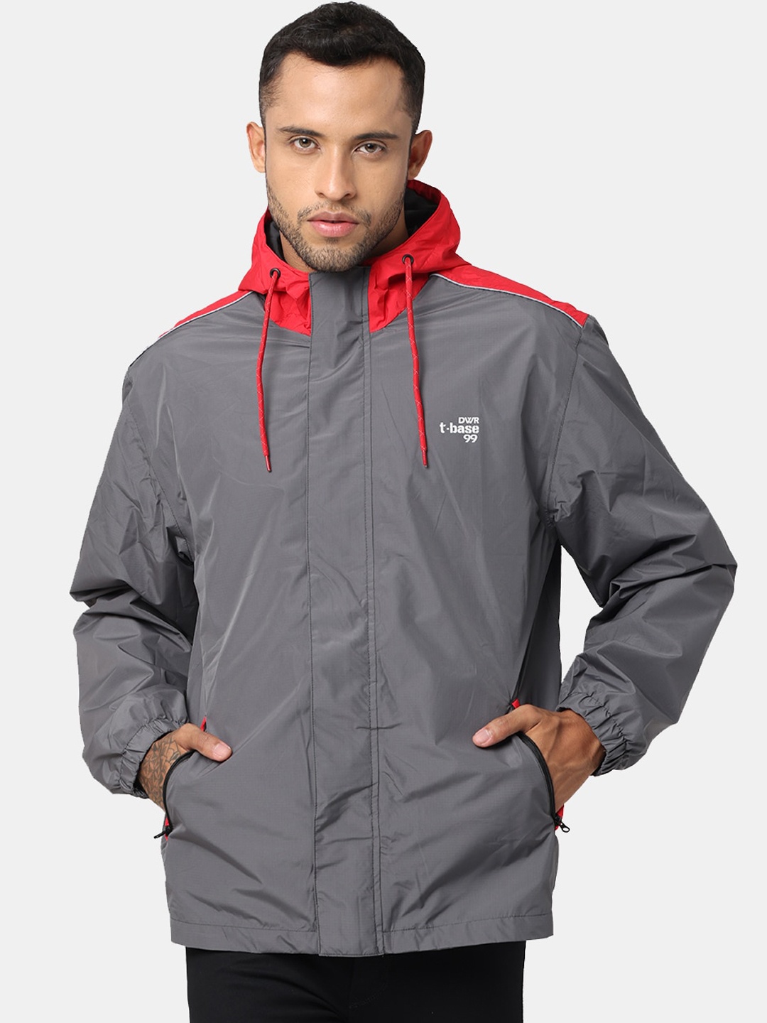 

t-base Men Plus Size Grey & Red Solid Hooded Waterproof Rain Jacket