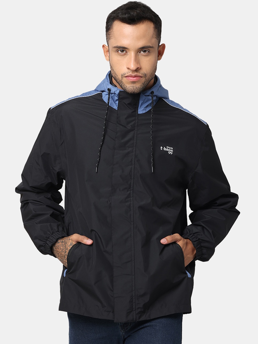 

t-base Men Blue & Black Color-Blocked Rain Jacket