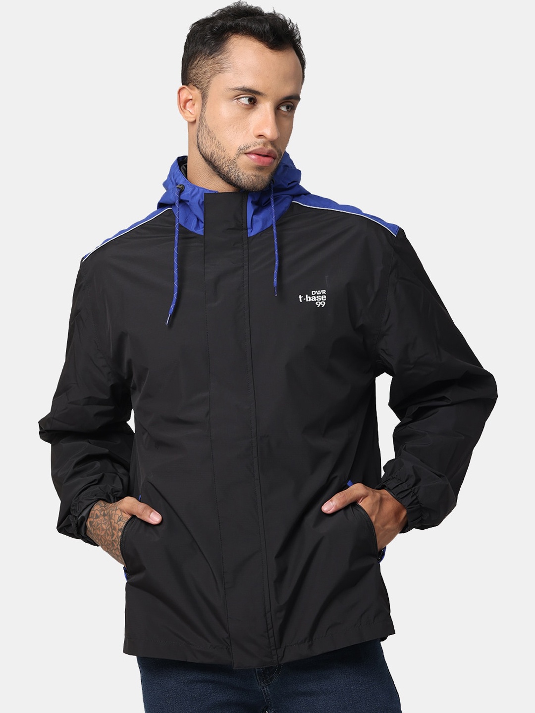 

t-base Men Blue & Black Solid Hooded Rain Jacket