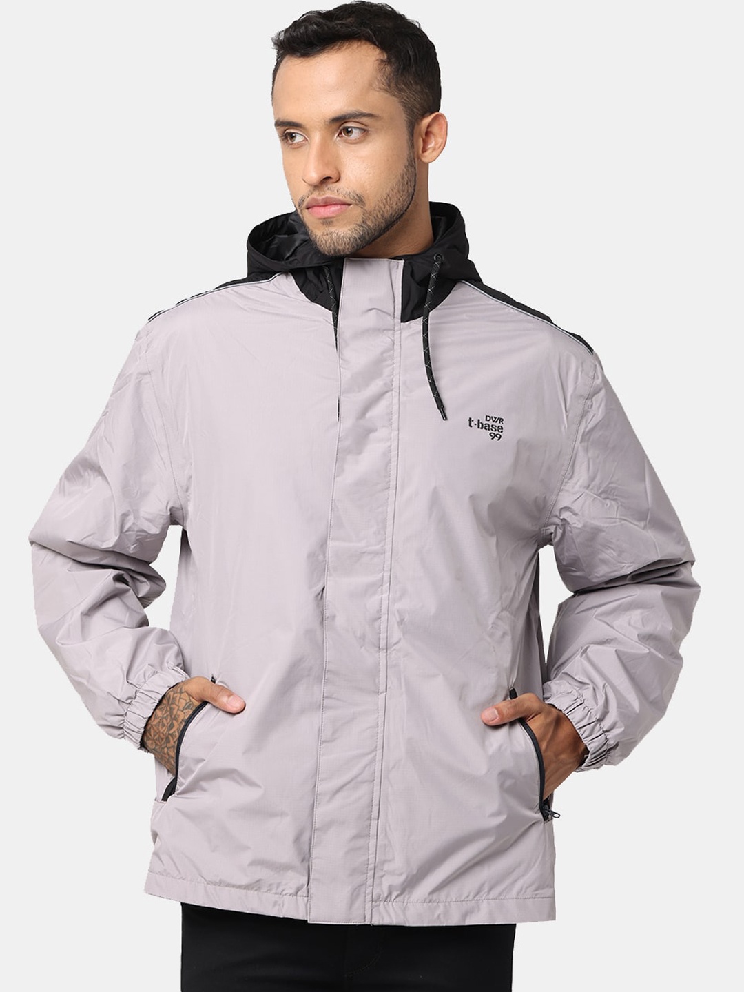 

t-base Men Plus Size Grey & Black Colourblocked Water Resistant Jacket