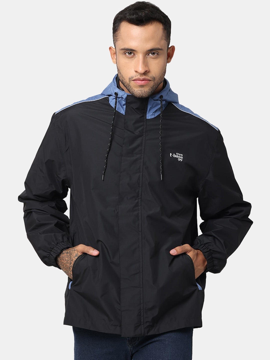 

t-base Men Blue & Black Solid Rain Jacket
