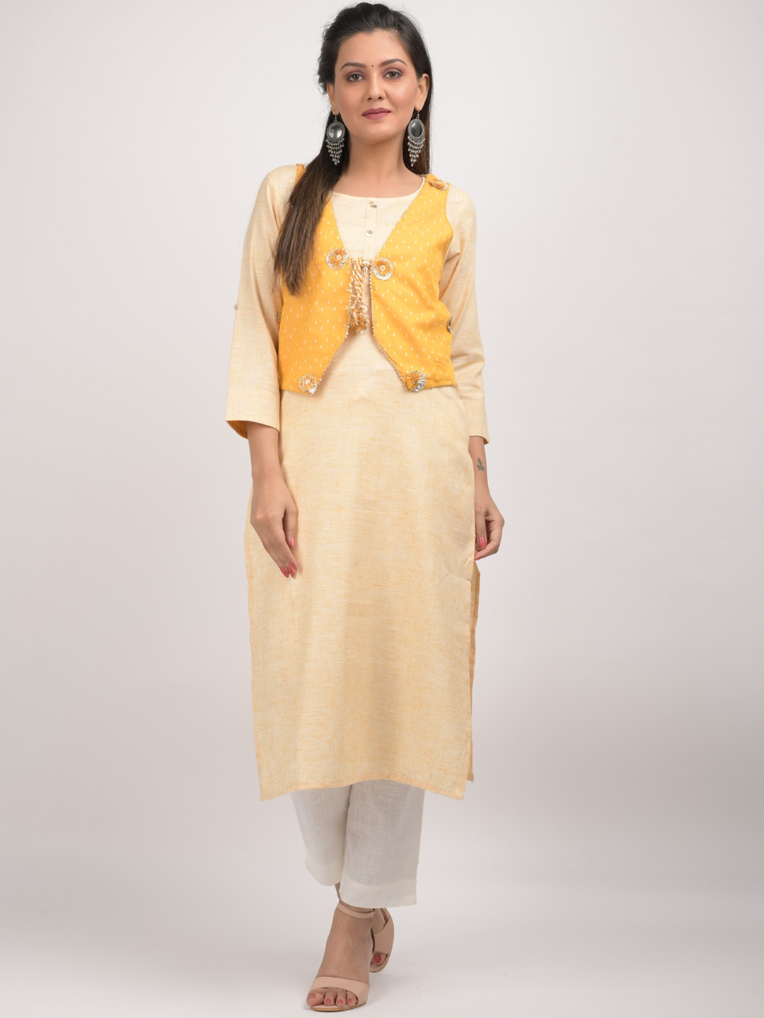 

KAAJH Women Yellow Ethnic Motifs Thread Work Pastels Kurta