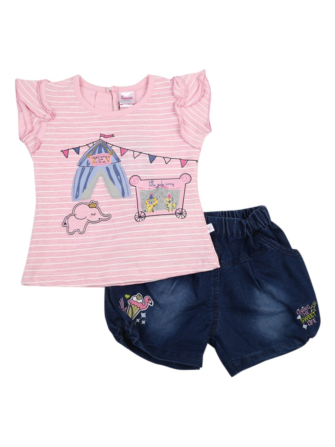 

V-Mart Girls Pink & Navy Blue Printed Pure Cotton T-shirt with Shorts