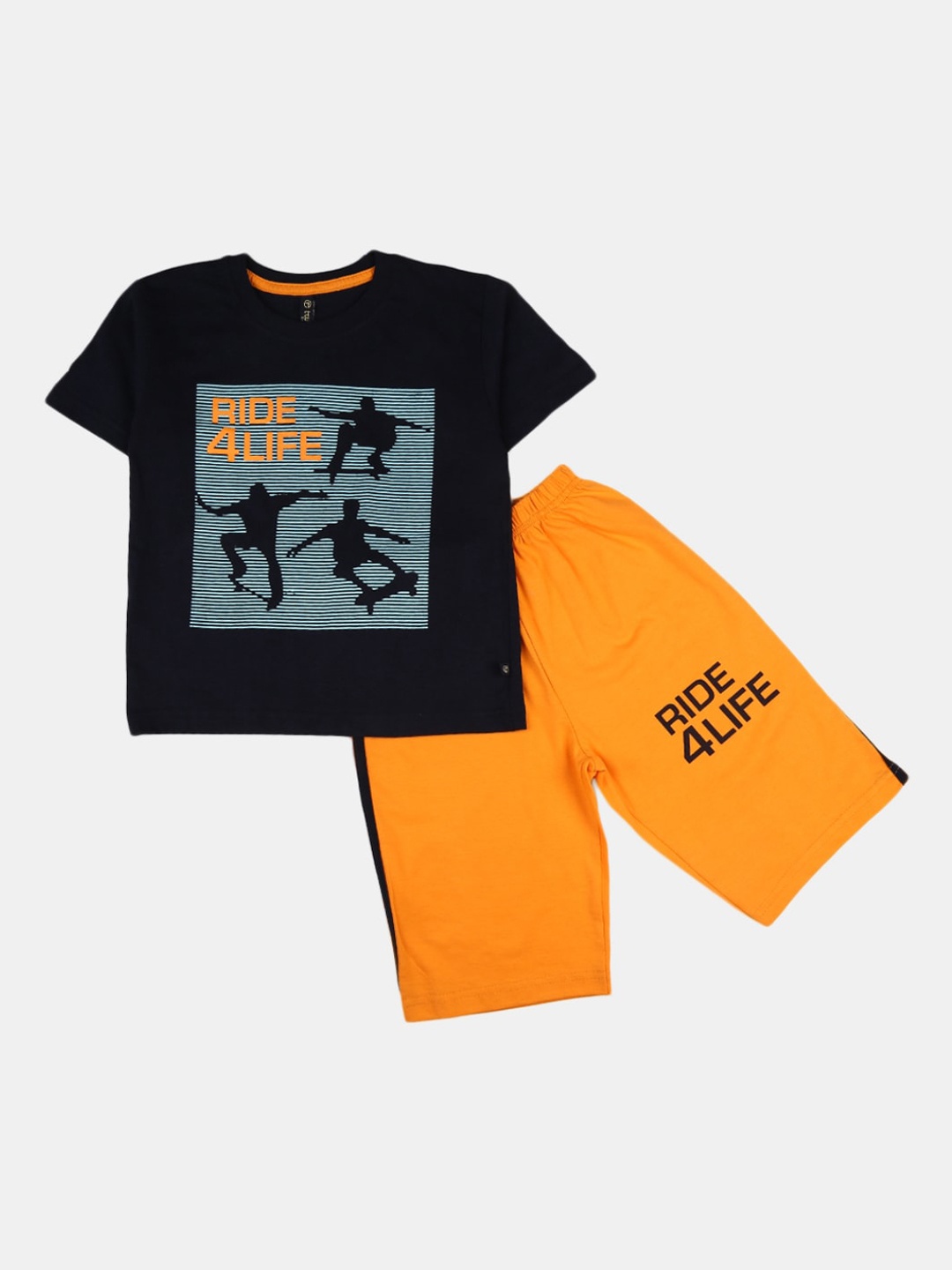 

V-Mart Unisex Kids Navy Blue & Yellow Printed Cotton T-shirt with Shorts