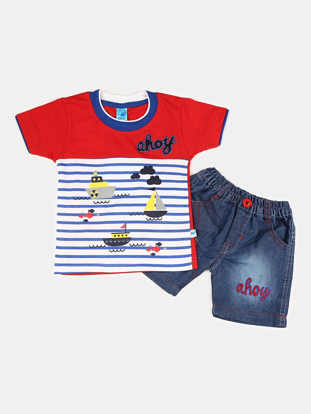 

V-Mart Unisex Kids Red & Blue Printed T-shirt with Shorts