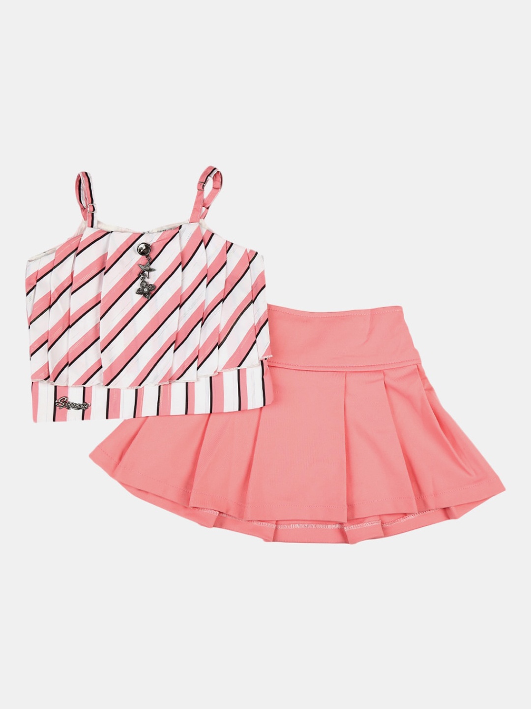 

V-Mart Kids Striped Crop Pure Cotton Top with Skirts, Peach