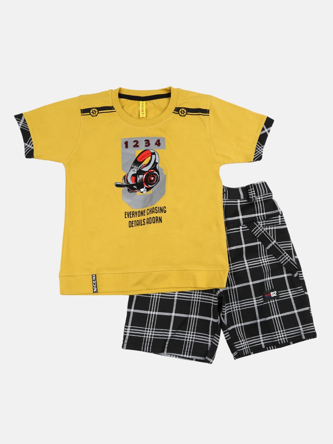 

V-Mart Unisex Kids Mustard & Navy Blue Printed T-shirt with Shorts
