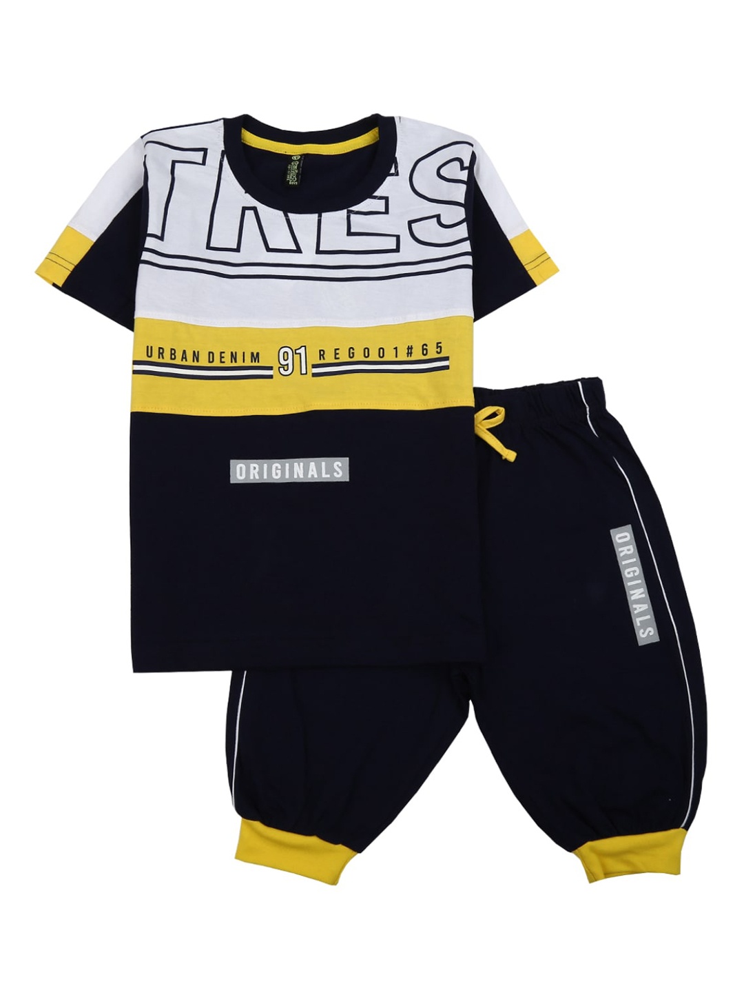 

V-Mart Unisex Kids Navy Blue & Yellow Printed Cotton T-shirt with Trousers