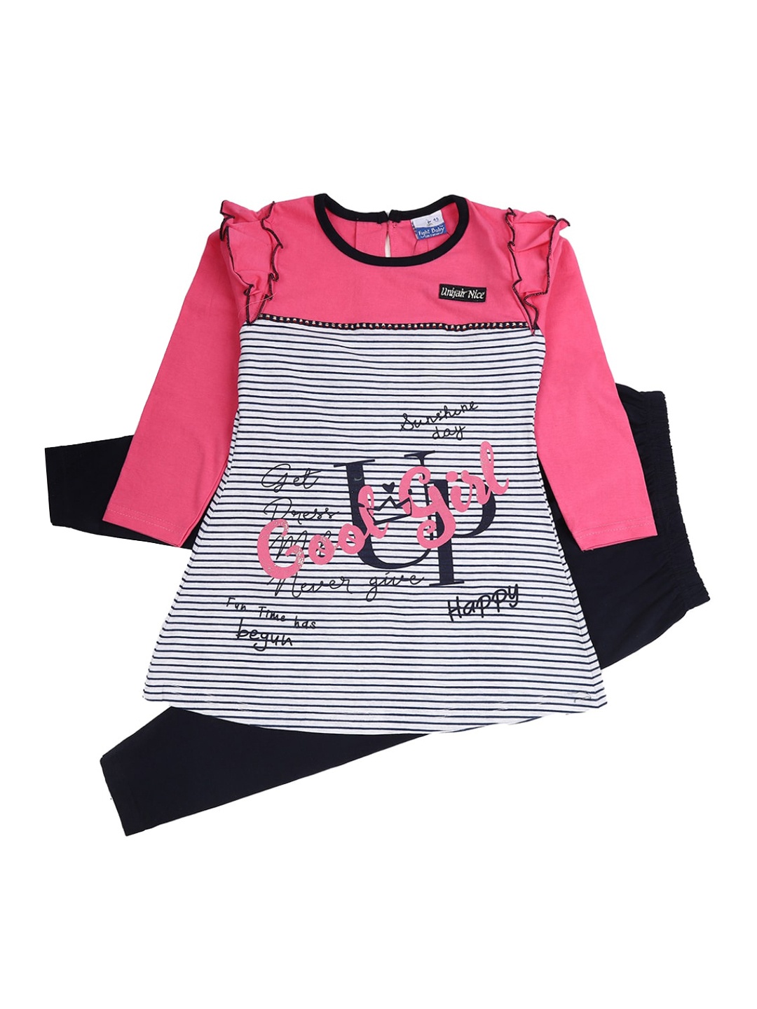 

V-Mart Kids Striped Pure Cotton Top with Leggings, Grey melange