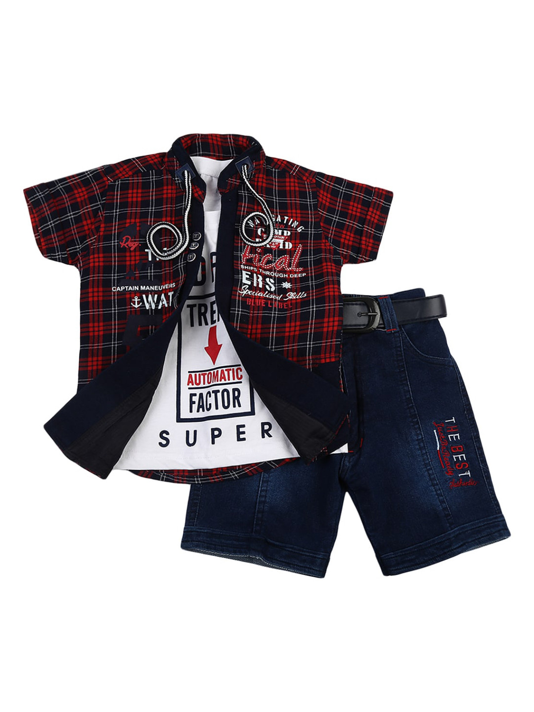 

V-Mart Unisex Kids Navy Blue & Red Checked Pure Cotton T-shirt with Shorts