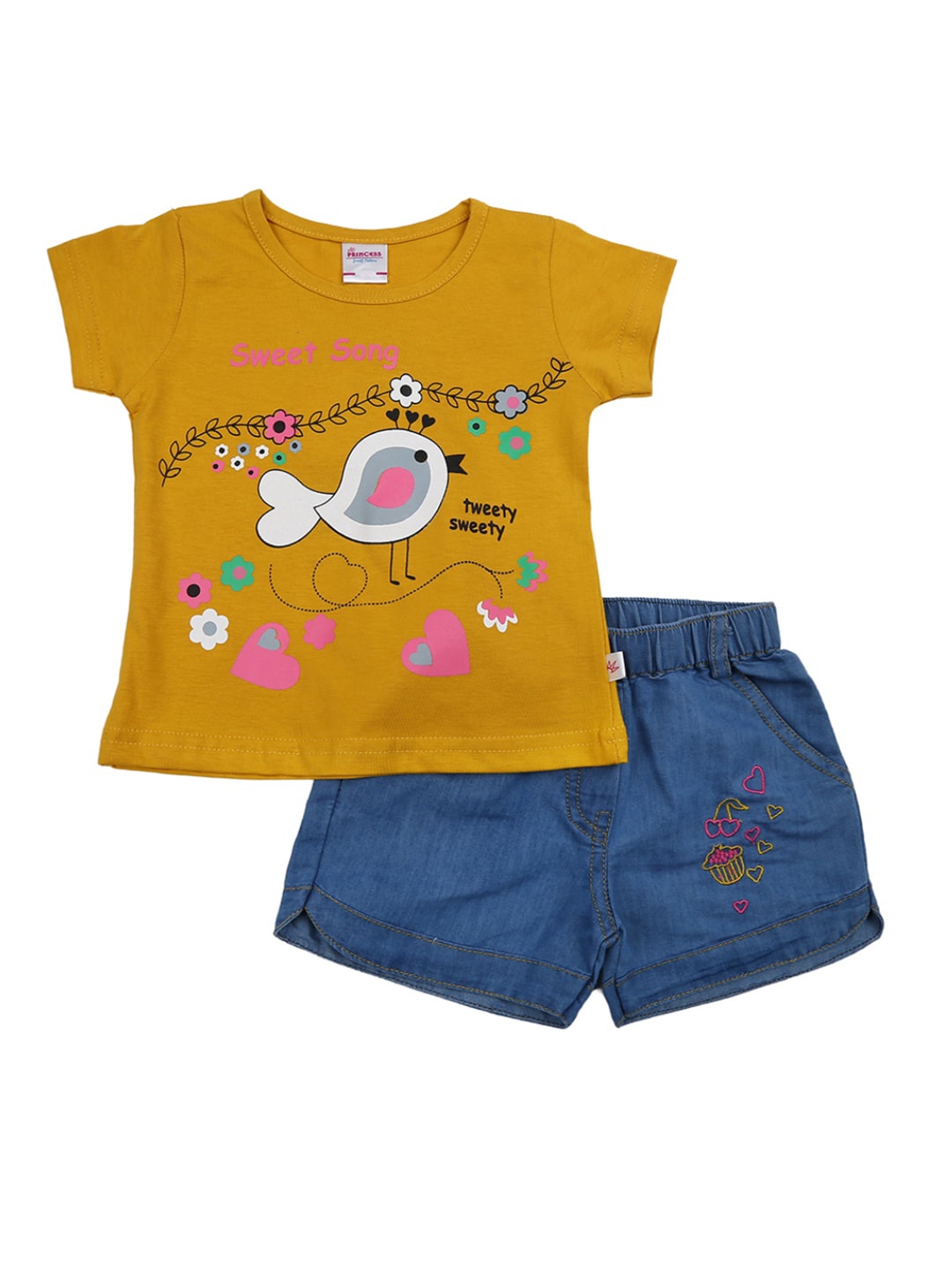

V-Mart Unisex Kids Mustard & Blue Printed Cotton T-shirt with Shorts