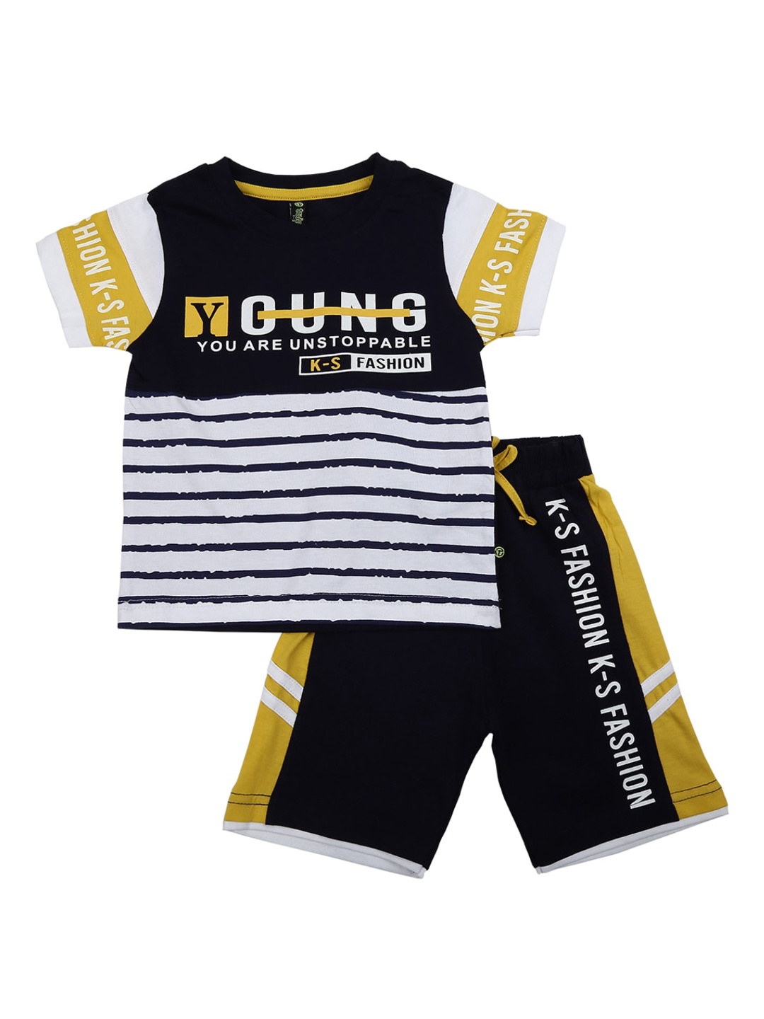 

V-Mart Unisex Kids Navy Blue & Mustard Pure Cotton Printed T-shirt with Shorts